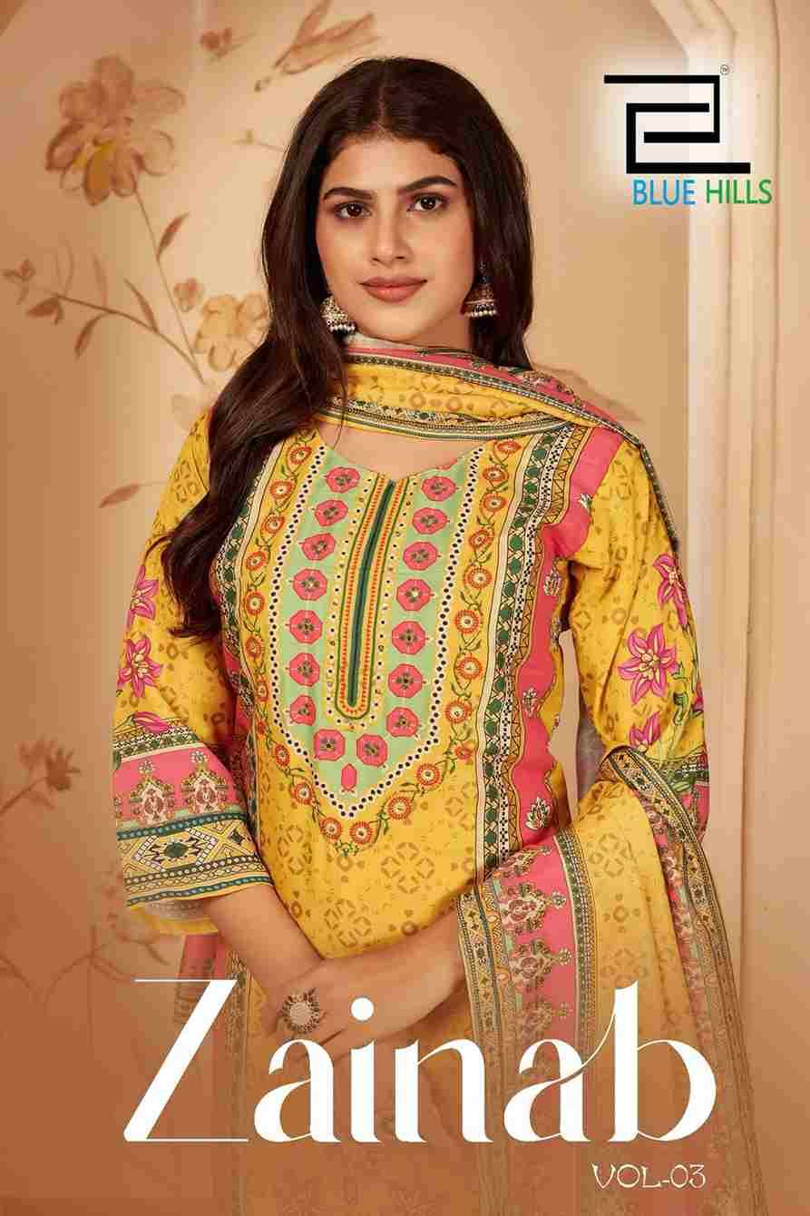 Zainab Vol-3 By Blue Hills 3001 To 3004 Series Designer Festive Suits Beautiful Fancy Colorful Stylish Party Wear & Occasional Wear Pure Muslin Dresses At Wholesale Price