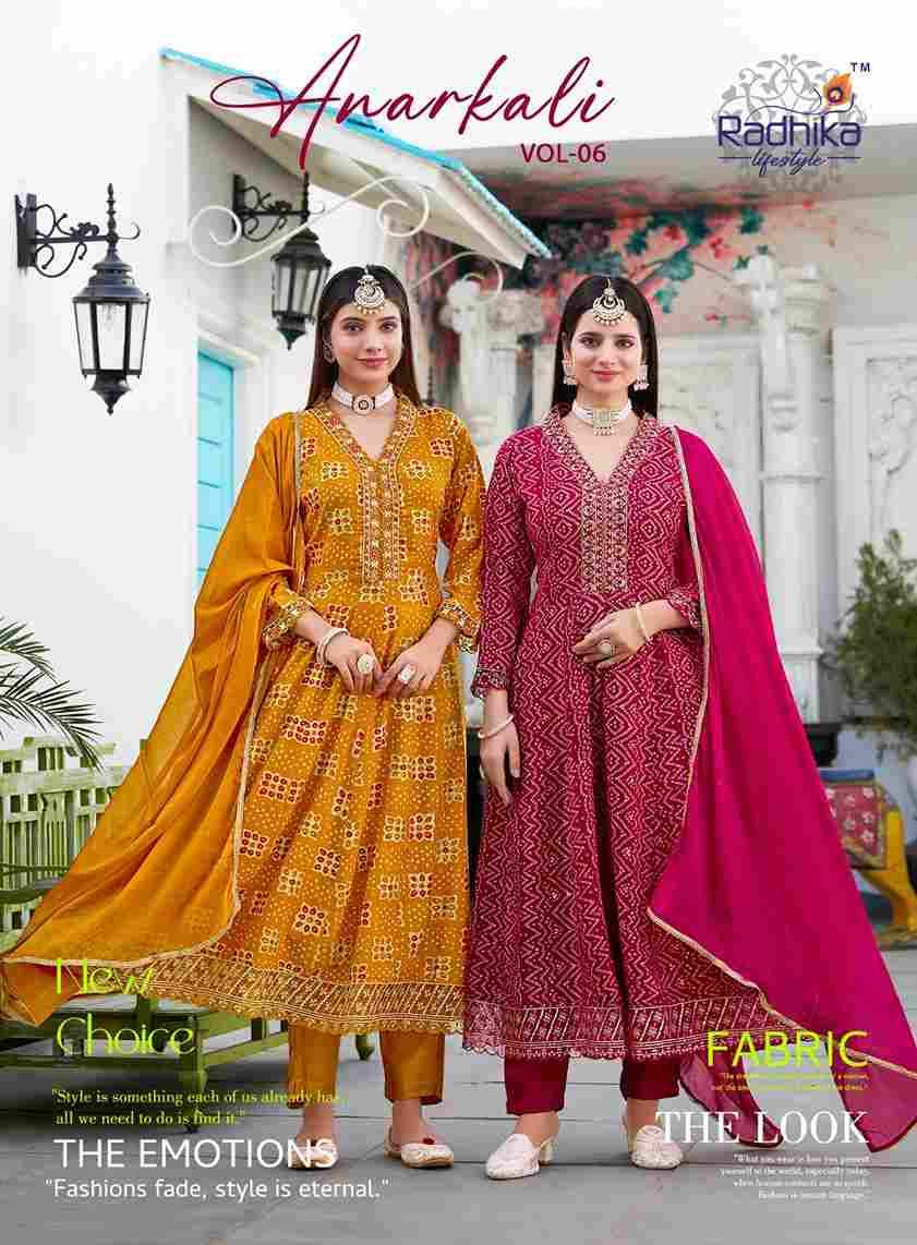 Anarkali Vol-6 By Radhika Lifestyle 6001 To 6007 Series Designer Anarkali Suits Beautiful Stylish Fancy Colorful Party Wear & Occasional Wear Pure Rayon Foil Print Dresses At Wholesale Price