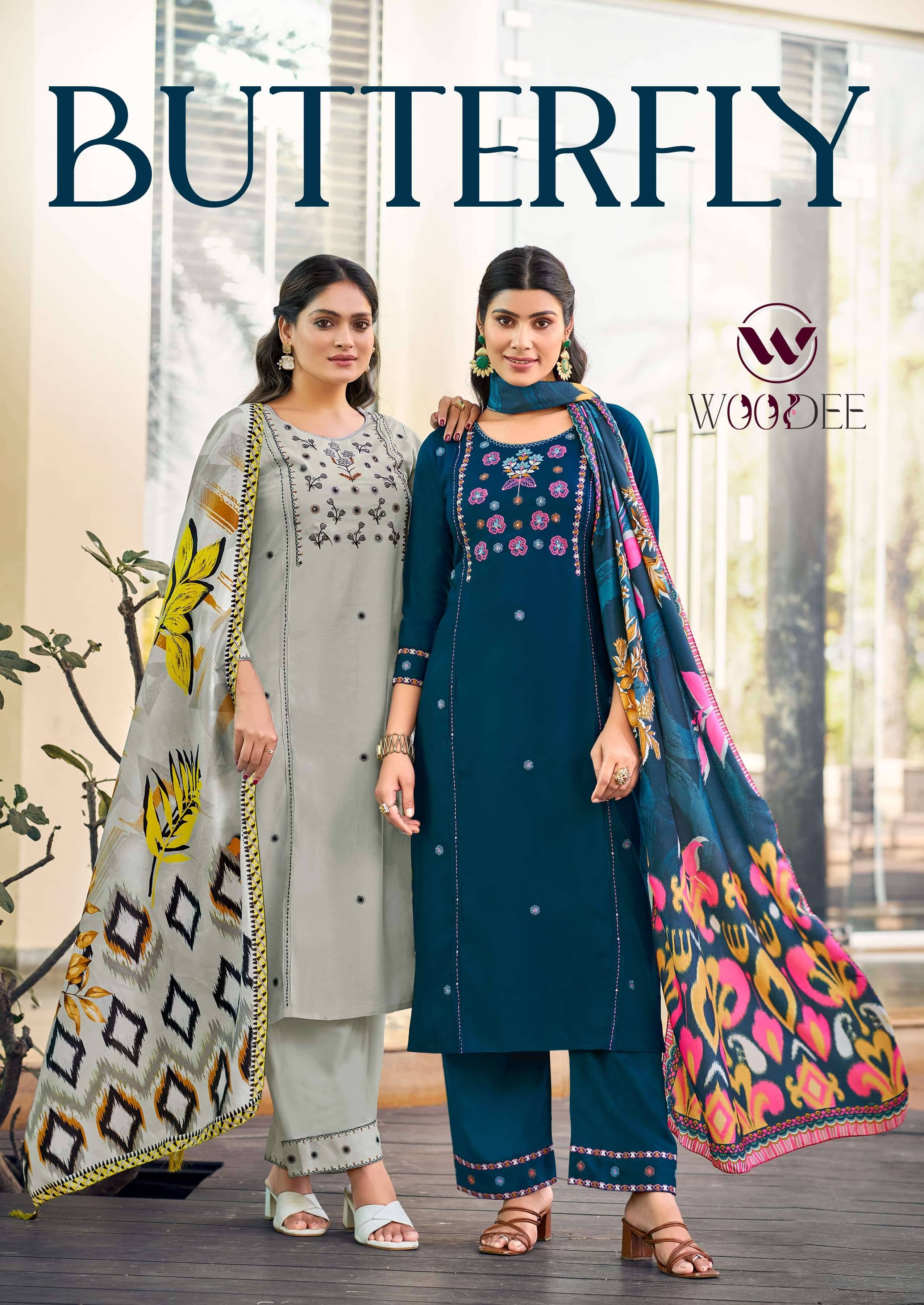 Butterfly By Woodee 1001 To 1006 Series Beautiful Festive Suits Colorful Stylish Fancy Casual Wear & Ethnic Wear Rayon Print Dresses At Wholesale Price