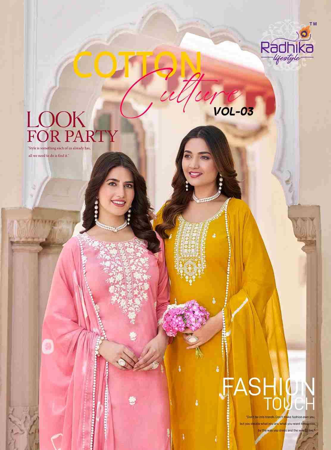 Cotton Culture Vol-3 By Radhika Lifestyle 3001 To 3006 Series Beautiful Festive Suits Colorful Stylish Fancy Casual Wear & Ethnic Wear Pure Cotton With Work Dresses At Wholesale Price