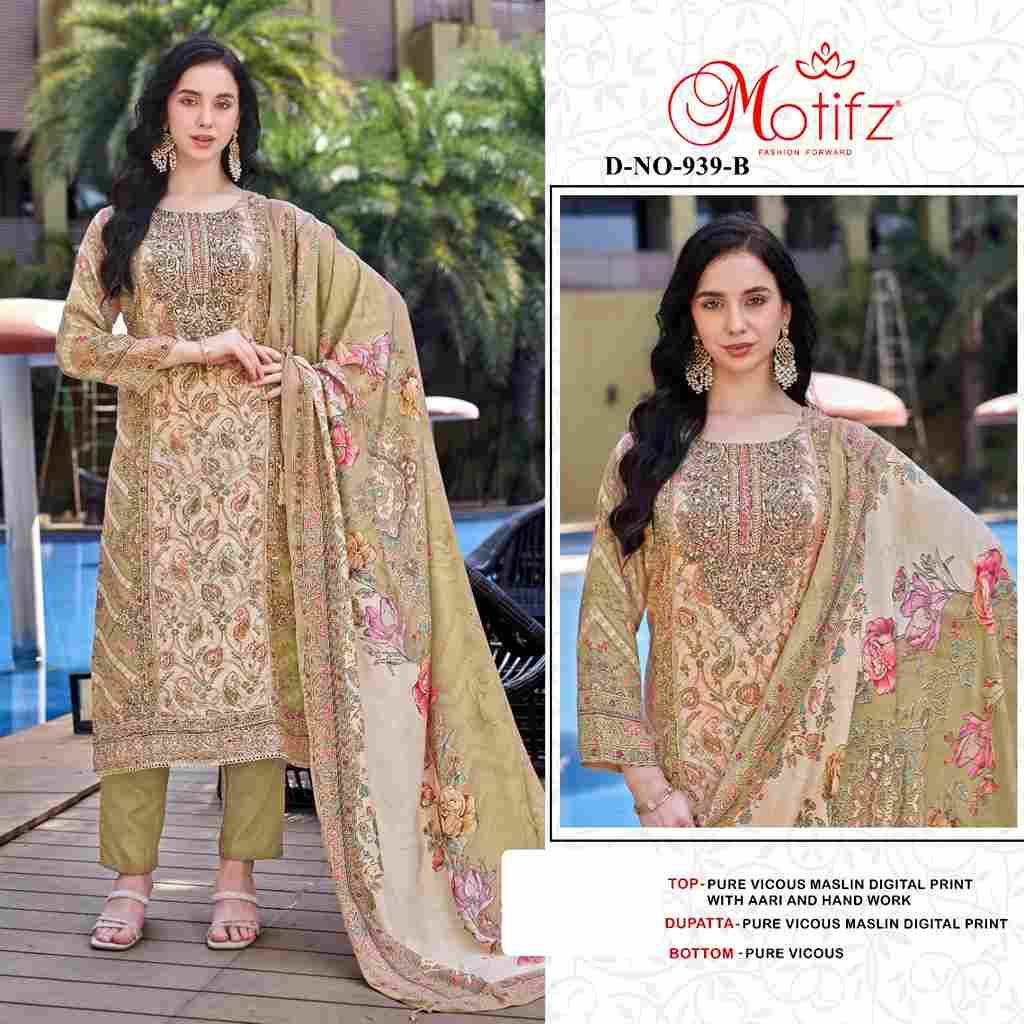 Motifz Hit Design 939 Colours By Motifz 939-A To 939-D Series Beautiful Pakistani Suits Colorful Stylish Fancy Casual Wear & Ethnic Wear Pure Viscose Muslin Embroidered Dresses At Wholesale Price