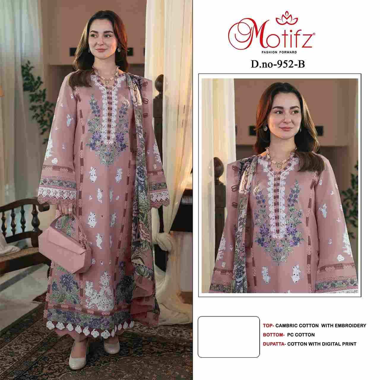 Motifz Hit Design 952 Colours By Motifz 952-A To 952-D Series Beautiful Pakistani Suits Colorful Stylish Fancy Casual Wear & Ethnic Wear Cambric Cotton Embroidered Dresses At Wholesale Price