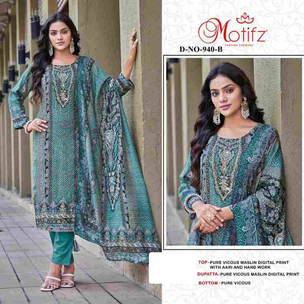 Motifz Hit Design 940 Colours By Motifz 940-A To 940-D Series Beautiful Pakistani Suits Colorful Stylish Fancy Casual Wear & Ethnic Wear Viscose Muslin Dresses At Wholesale Price