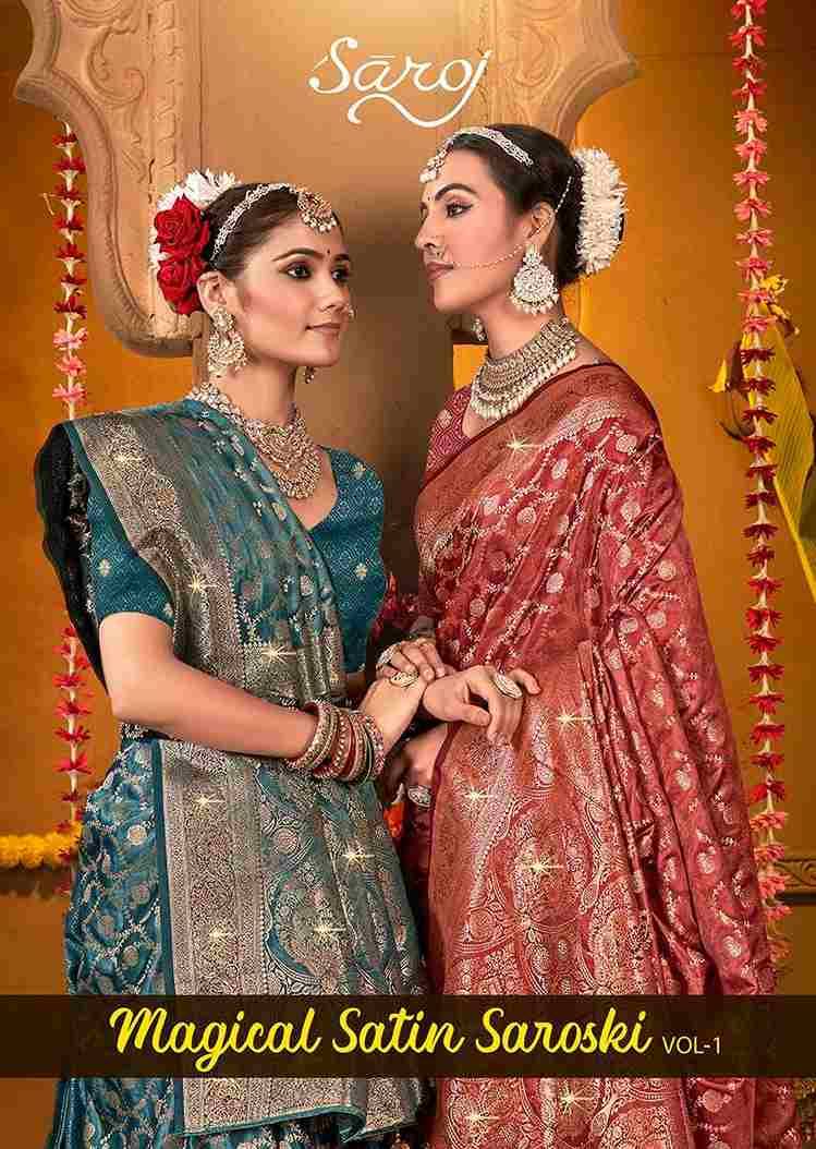 Magical Satin Saroski Vol-1 By Saroj 1001 To 1004 Series Indian Traditional Wear Collection Beautiful Stylish Fancy Colorful Party Wear & Occasional Wear Satin Silk Sarees At Wholesale Price