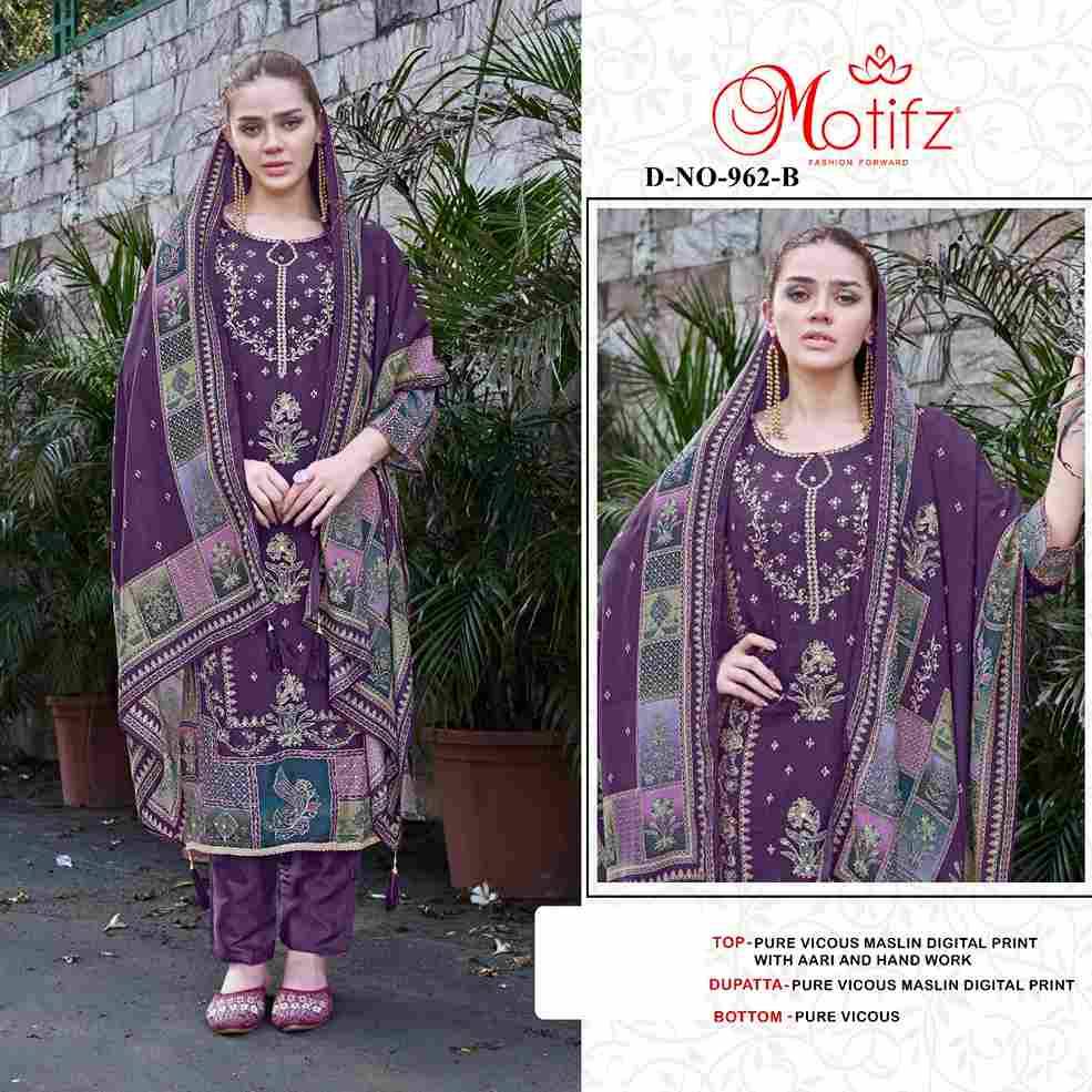 Motifz Hit Design 962 Colours By Motifz 962-A To 962-D Series Beautiful Pakistani Suits Colorful Stylish Fancy Casual Wear & Ethnic Wear Viscose Muslin Dresses At Wholesale Price