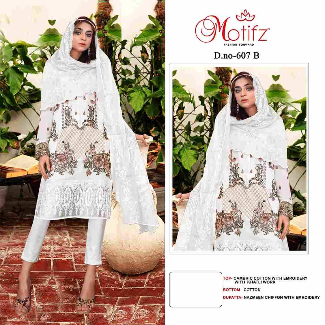Motifz Hit Design 607 Colours By Motifz 607-A To 607-C Series Beautiful Pakistani Suits Colorful Stylish Fancy Casual Wear & Ethnic Wear Cambric Cotton Dresses At Wholesale Price