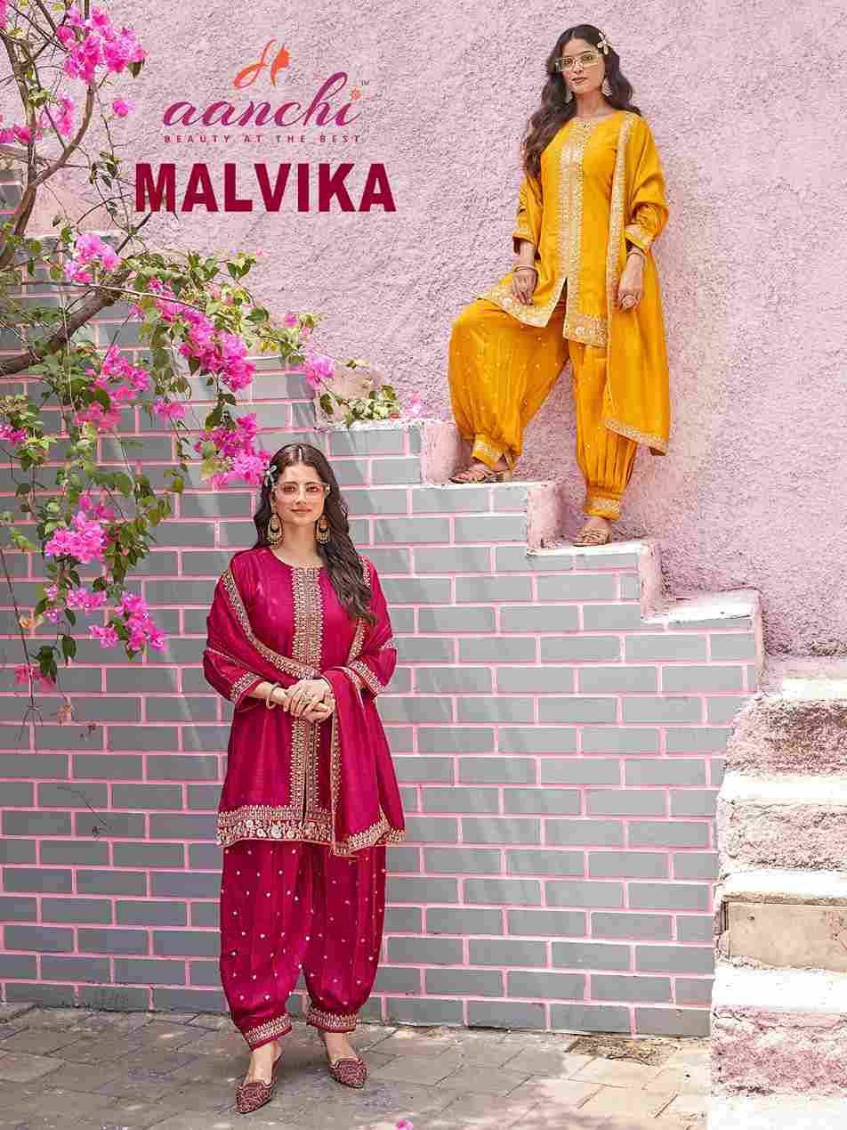 Malvika By Aanchi 101 To 104 Series Beautiful Festive Suits Colorful Stylish Fancy Casual Wear & Ethnic Wear Vichitra Silk Print Dresses At Wholesale Price