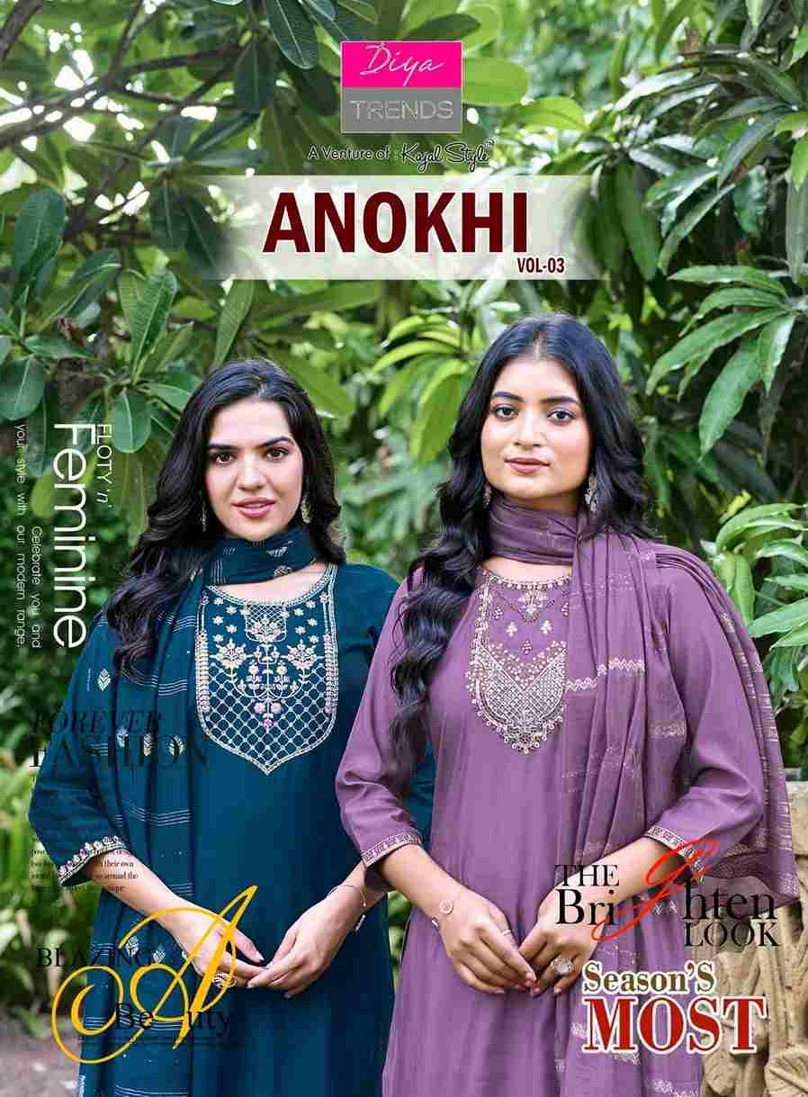 Anokhi Vol-3 By Diya Trends 3001 To 3008 Series Designer Festive Suits Collection Beautiful Stylish Fancy Colorful Party Wear & Occasional Wear Roman Silk Dresses At Wholesale Price