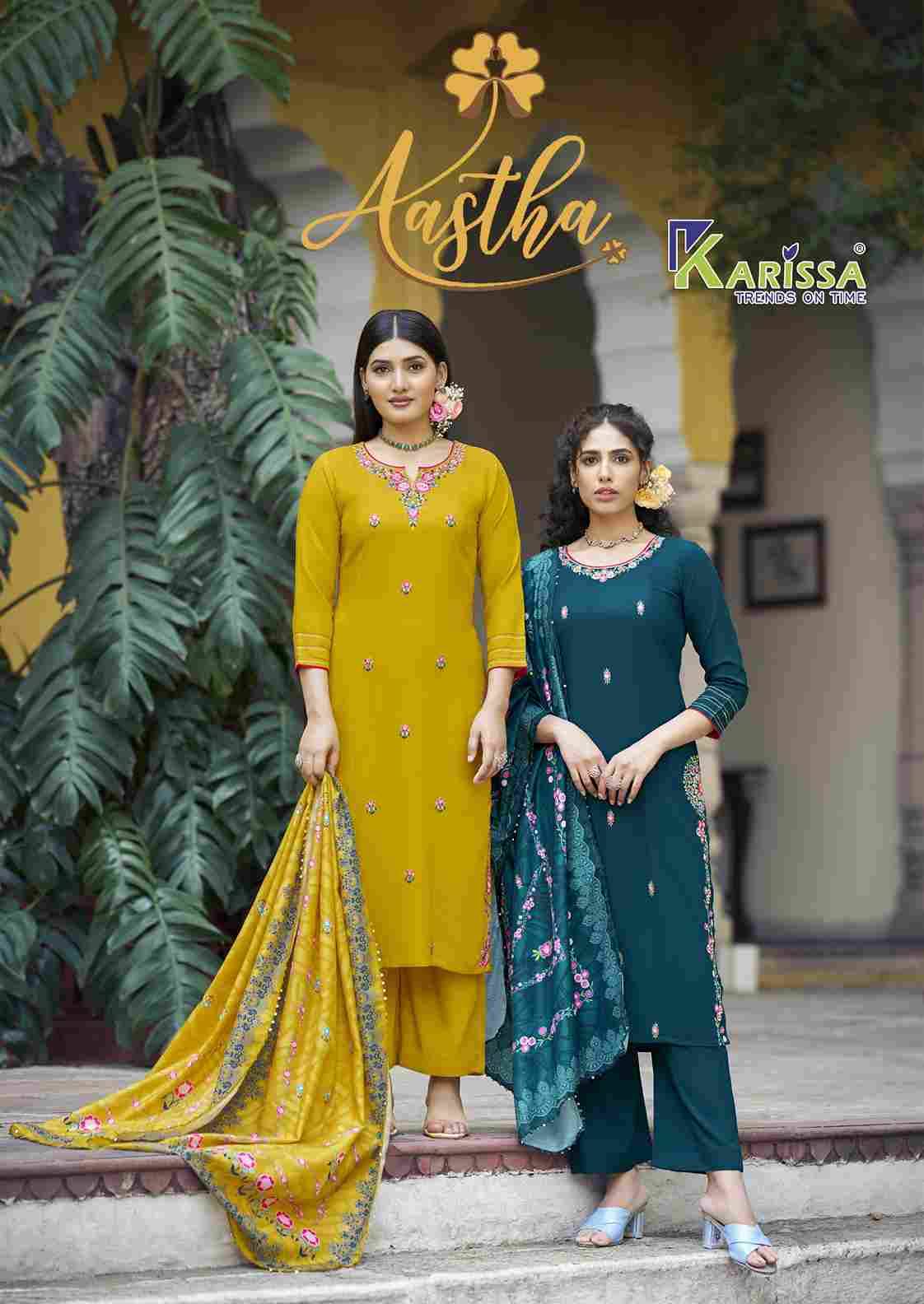 Aastha By Karissa 1001 To 1004 Series Beautiful Festive Suits Colorful Stylish Fancy Casual Wear & Ethnic Wear Pure Rayon Dresses At Wholesale Price