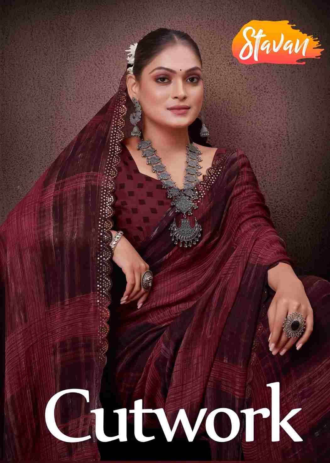 Cutwork By Stavan 1001 To 1008 Series Indian Traditional Wear Collection Beautiful Stylish Fancy Colorful Party Wear & Occasional Wear Fancy Sarees At Wholesale Price