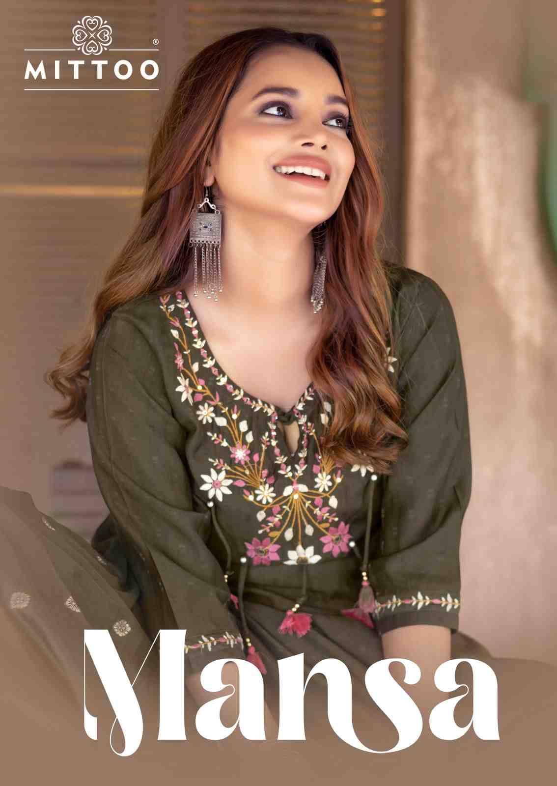 Mansa By Mittoo 3001 To 3006 Series Beautiful Stylish Festive Suits Fancy Colorful Casual Wear & Ethnic Wear & Ready To Wear Viscose Weaving Print Dresses At Wholesale Price