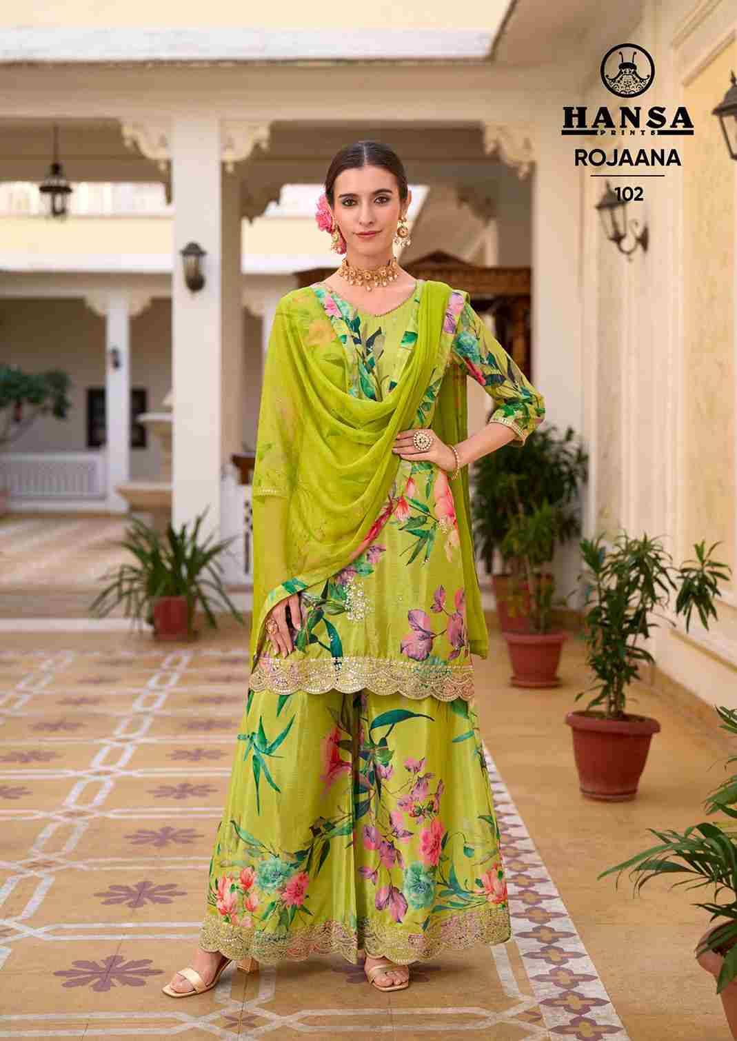 Rojaana By Hansa Prints 101 To 104 Series Beautiful Festive Suits Colorful Stylish Fancy Casual Wear & Ethnic Wear Chinnon Print Dresses At Wholesale Price