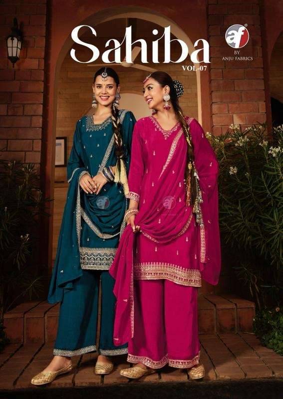 Sahiba Vol-7 By Anju Fabrics 4191 To 4196 Series Designer Festive Suits Collection Beautiful Stylish Fancy Colorful Party Wear & Occasional Wear Chinnon Dresses At Wholesale Price