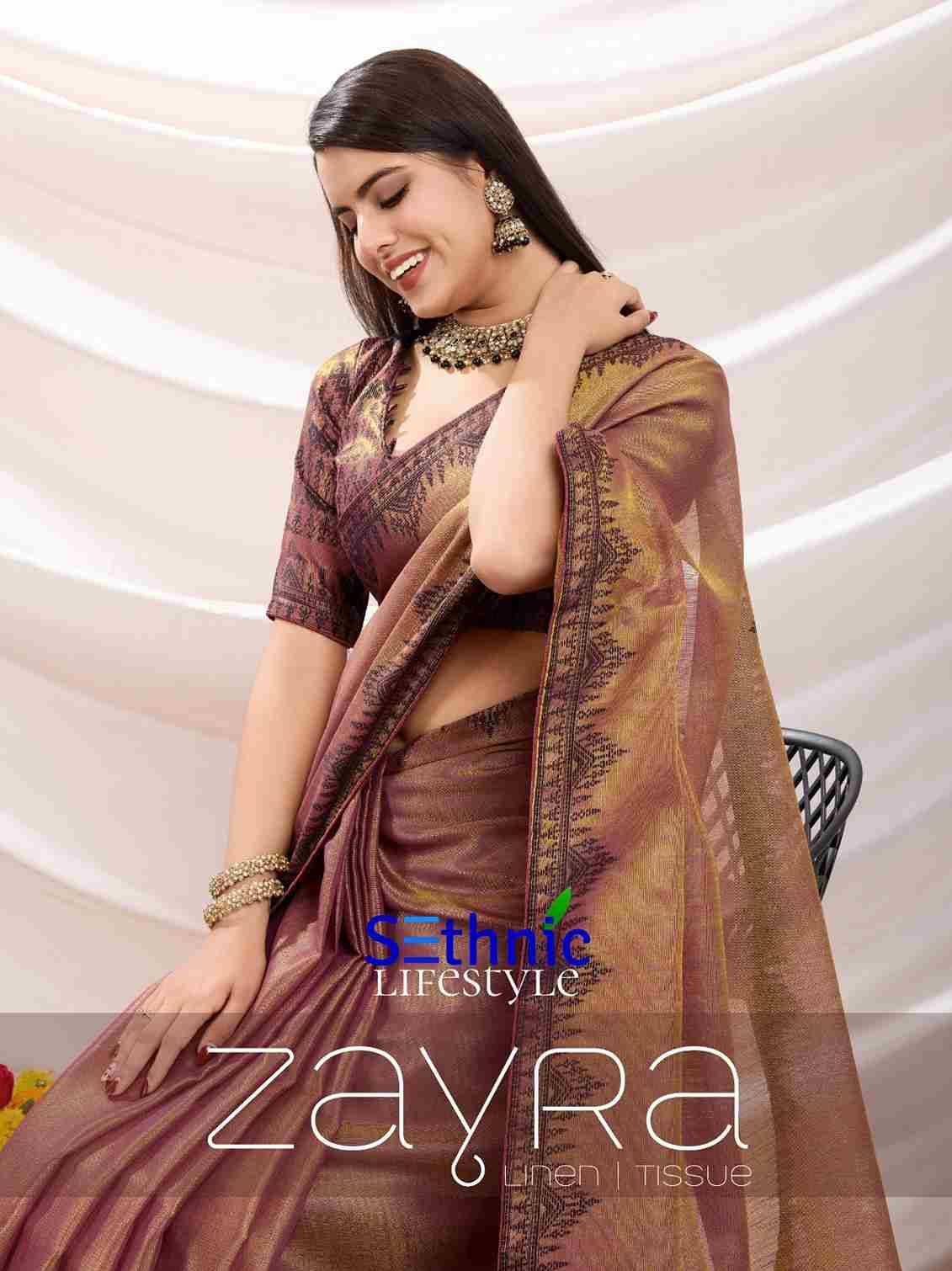 Zayra By Sethnic 66001 To 66008 Series Indian Traditional Wear Collection Beautiful Stylish Fancy Colorful Party Wear & Occasional Wear Linen Tissue Sarees At Wholesale Price