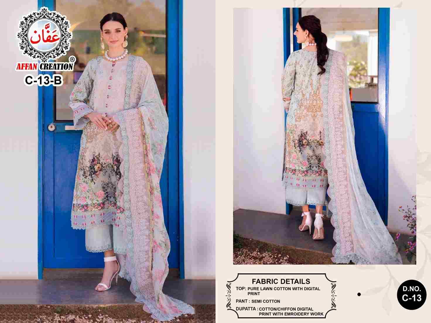 Affan Creation 13 Colours By Affan Creation 13-A To 13-D Series Beautiful Pakistani Suits Colorful Stylish Fancy Casual Wear & Ethnic Wear Pure Lawn Cotton Embroidered Dresses At Wholesale Price