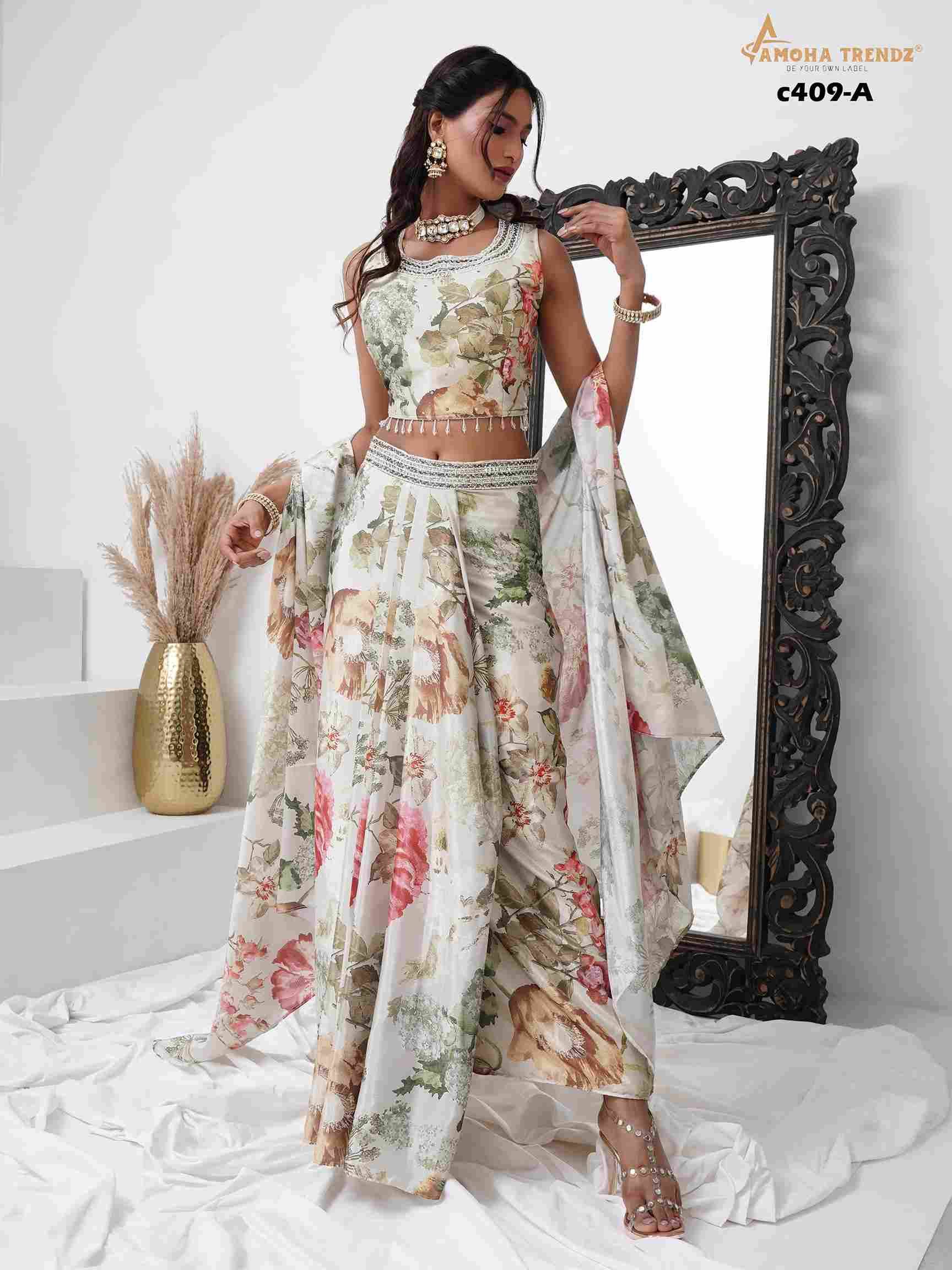 C-409-A By Amoha Trendz Designer Stylish Fancy Colorful Beautiful Party Wear & Ethnic Wear Collection Chinnon Tops With Bottom At Wholesale Price