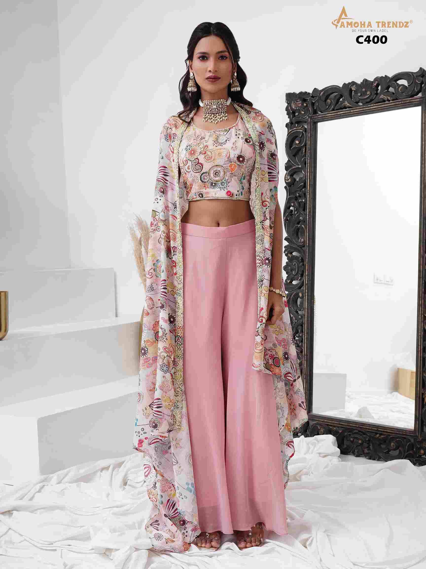 C-400 By Amoha Trendz Designer Stylish Fancy Colorful Beautiful Party Wear & Ethnic Wear Collection Crepe Tops With Bottom And Shrug At Wholesale Price