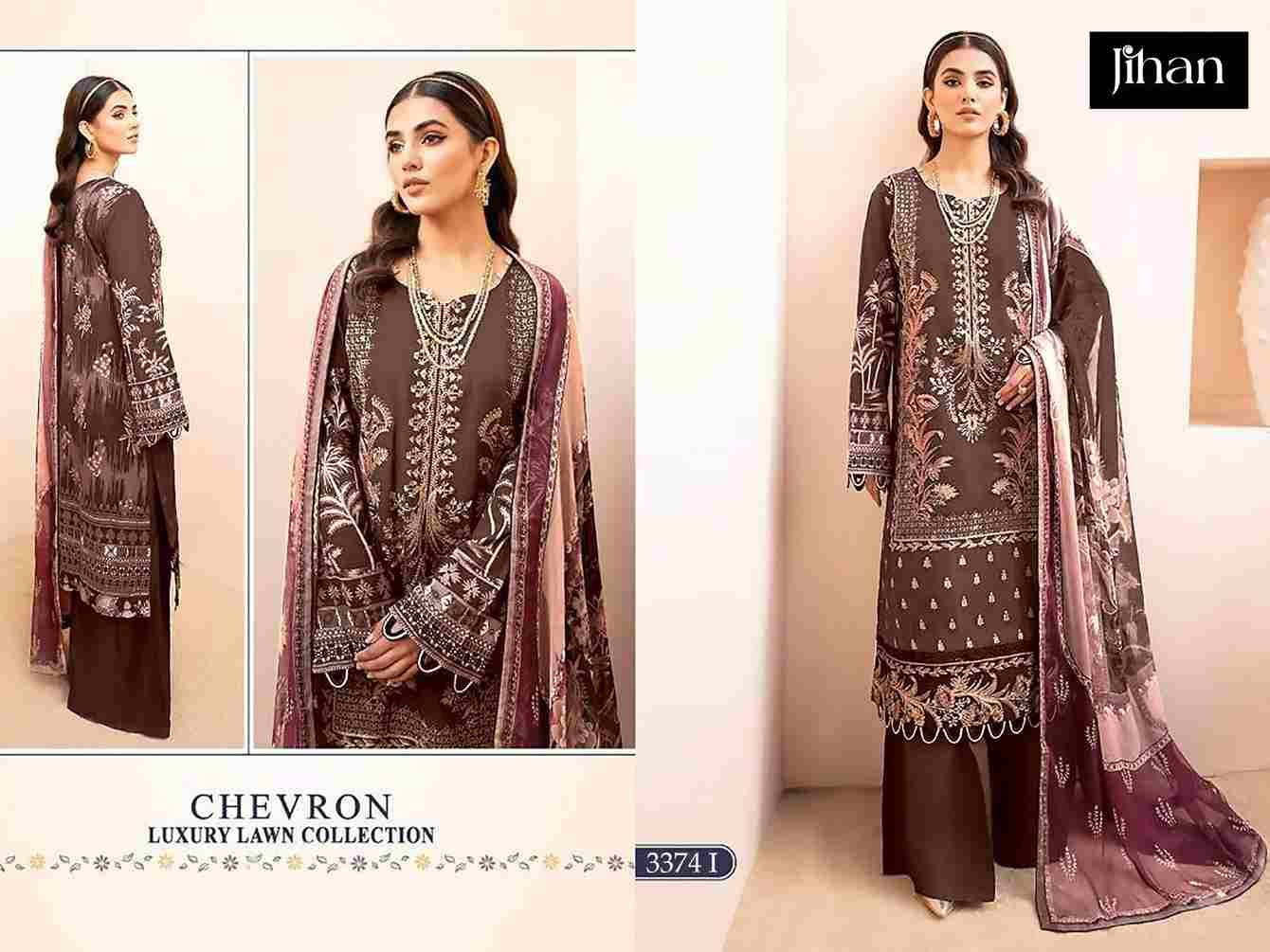 Chevron 3374 Colours Vol-3 By Jihan 3374-H To 3374-J Series Designer Pakistani Suits Beautiful Fancy Stylish Colorful Party Wear & Occasional Wear Pure Lawn Cotton Dresses At Wholesale Price