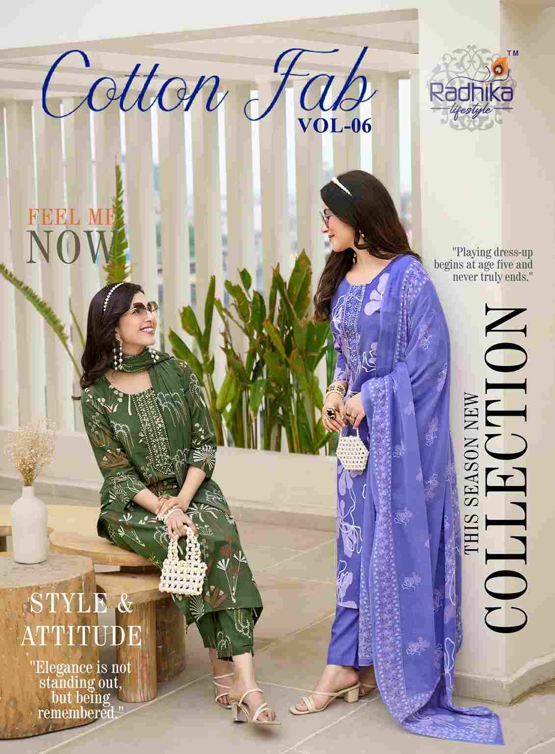 Cotton Fab Vol-6 By Radhika Lifestyle 6001 To 6008 Series Beautiful Stylish Festive Suits Fancy Colorful Casual Wear & Ethnic Wear & Ready To Wear Cotton Print Dresses At Wholesale Price
