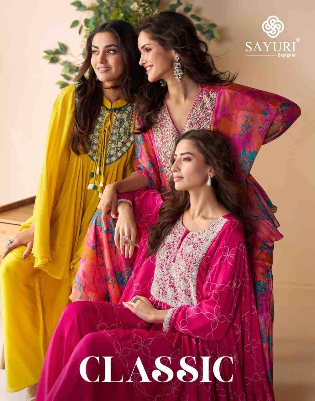 Classic By Sayuri 10054 To 10058 Series Designer Stylish Fancy Colorful Beautiful Party Wear & Ethnic Wear Collection Chinnon Silk Crop Tops With Bottom At Wholesale Price