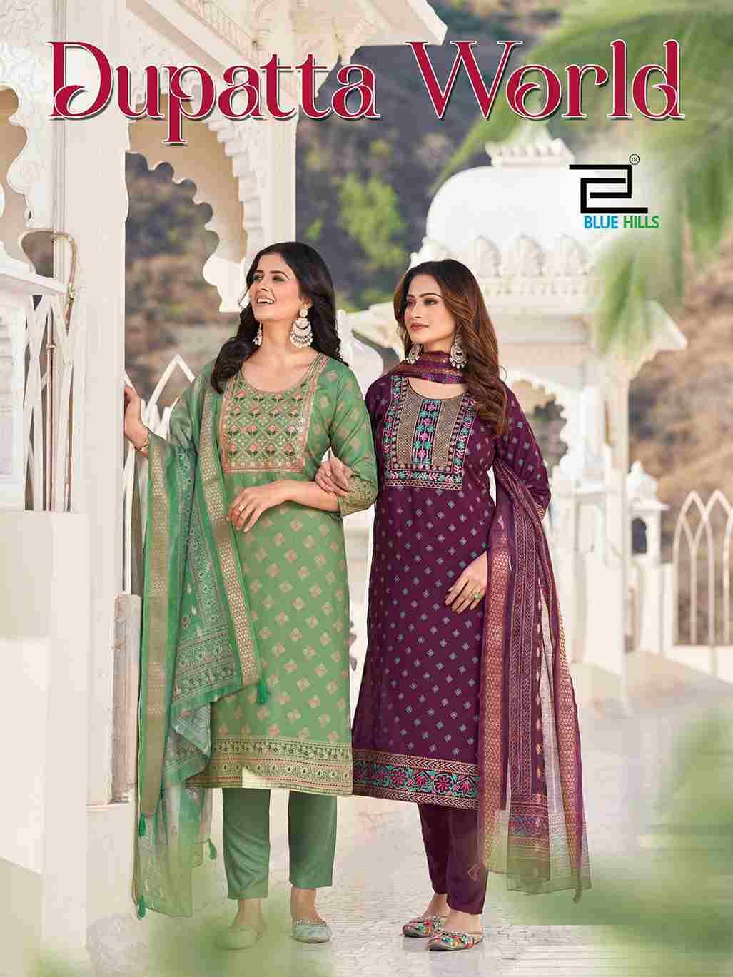 Dupatta World By Blue Hills 1001 To 1008 Series Beautiful Festive Suits Colorful Stylish Fancy Casual Wear & Ethnic Wear Rayon Foil Dresses At Wholesale Price