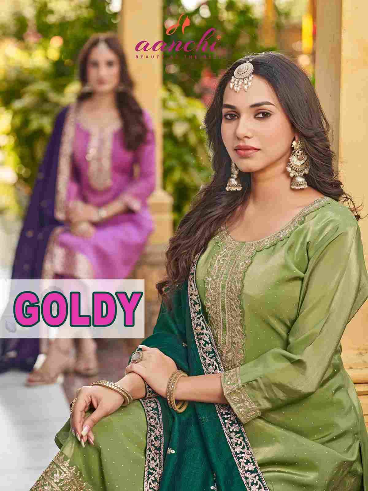 Goldy By Aanchi 101 To 104 Series Beautiful Suits Colorful Stylish Fancy Casual Wear & Ethnic Wear Roman Shimmer Dresses At Wholesale Price