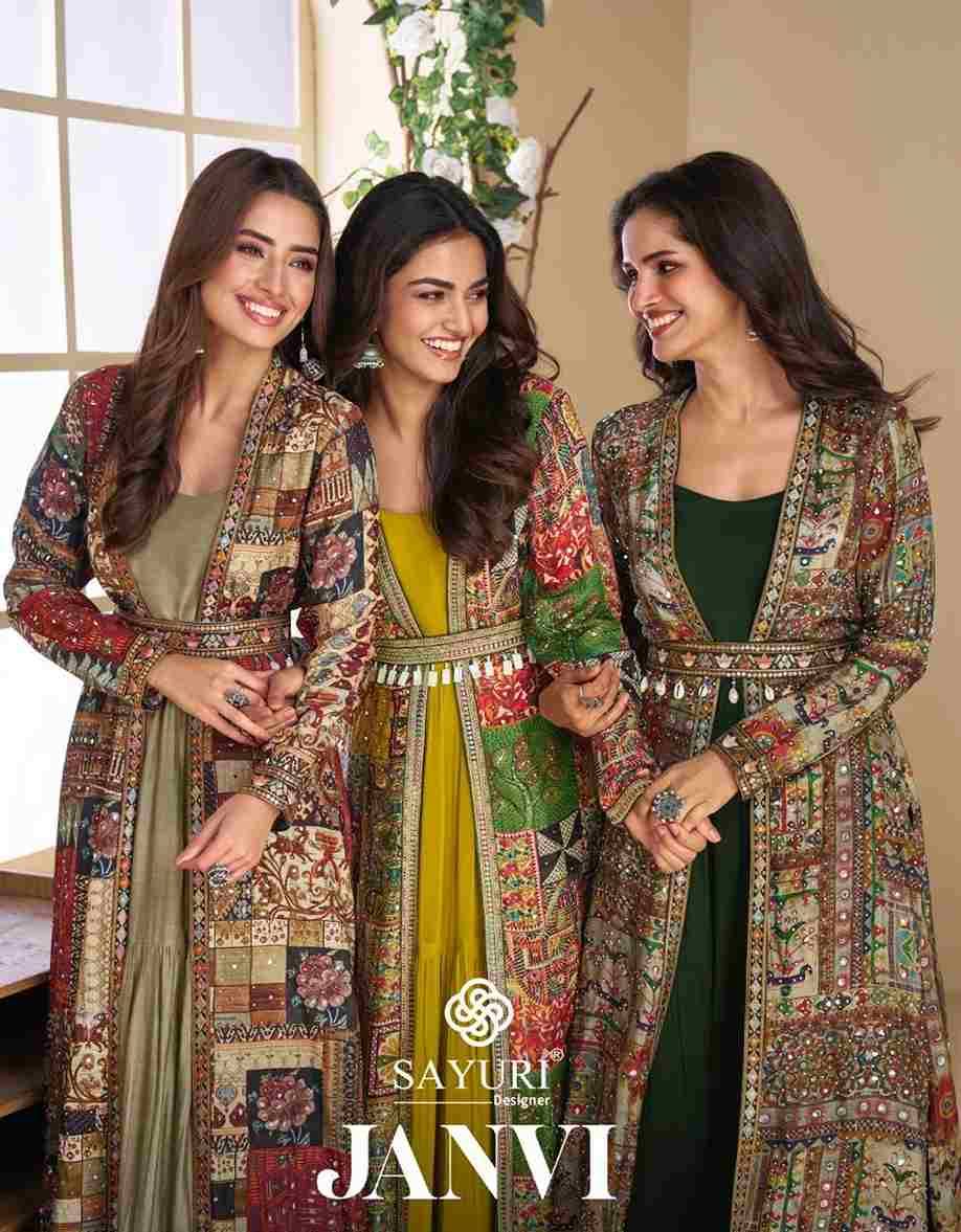 Janvi By Sayuri 5824 To 5827 Series Designer Beautiful Collection Occasional Wear & Party Wear Georgette Gowns With Shrug At Wholesale Price
