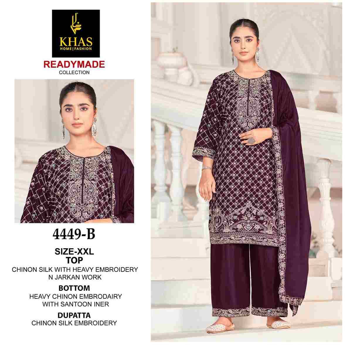 Khas 4449 Colours By Khas 4449-A To 4449-C Series Beautiful Pakistani Suits Colorful Stylish Fancy Casual Wear & Ethnic Wear Chinnon Silk Embroidered Dresses At Wholesale Price