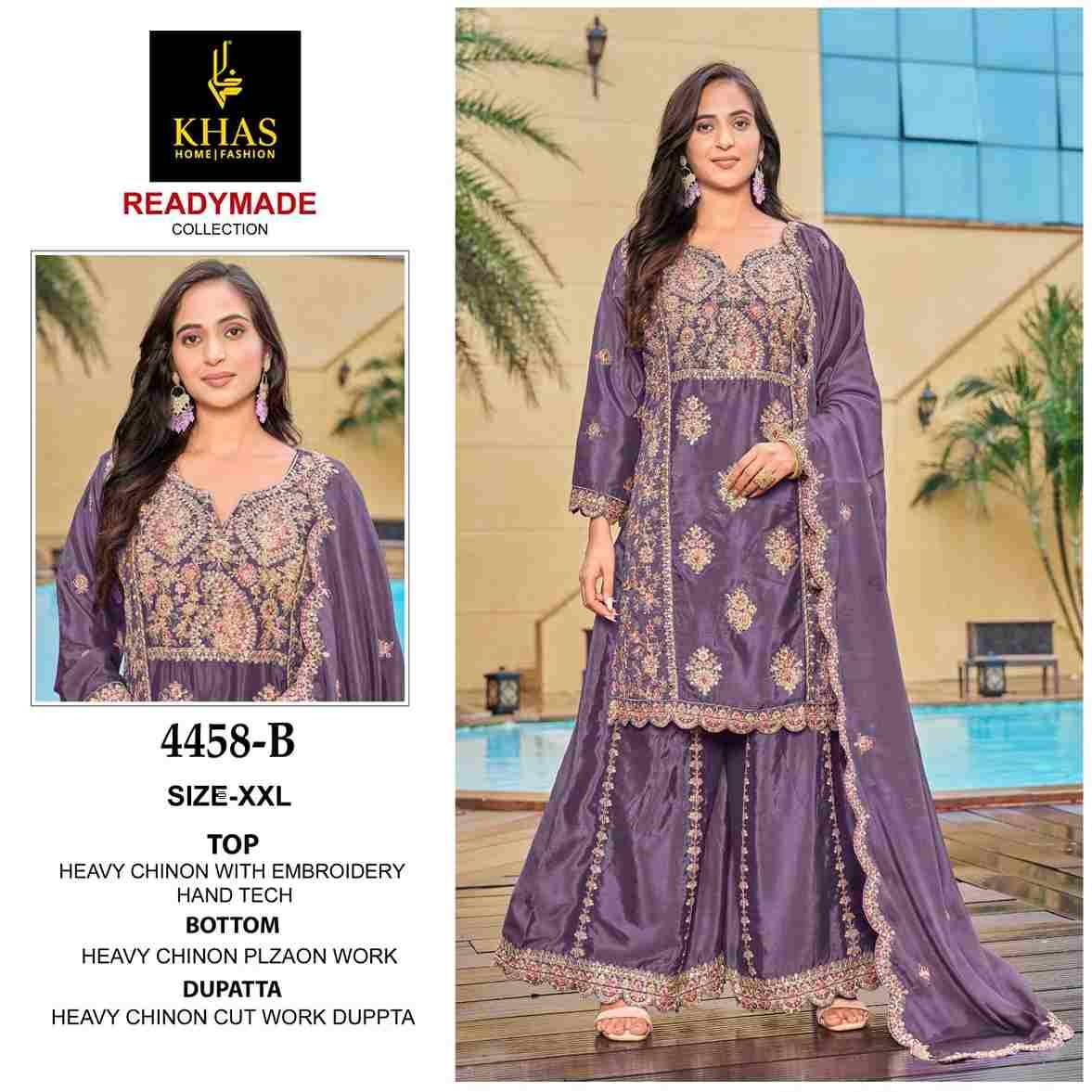 Khas 4458 Colours By Khas 4458-A To 4458-C Series Beautiful Pakistani Suits Colorful Stylish Fancy Casual Wear & Ethnic Wear Heavy Chinnon Dresses At Wholesale Price