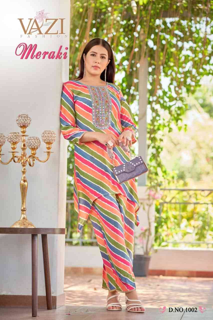 Meraki By Vazi 1001 To 1006 Series Designer Stylish Fancy Colorful Beautiful Party Wear & Ethnic Wear Collection Viscose Muslin Co-Ords At Wholesale Price