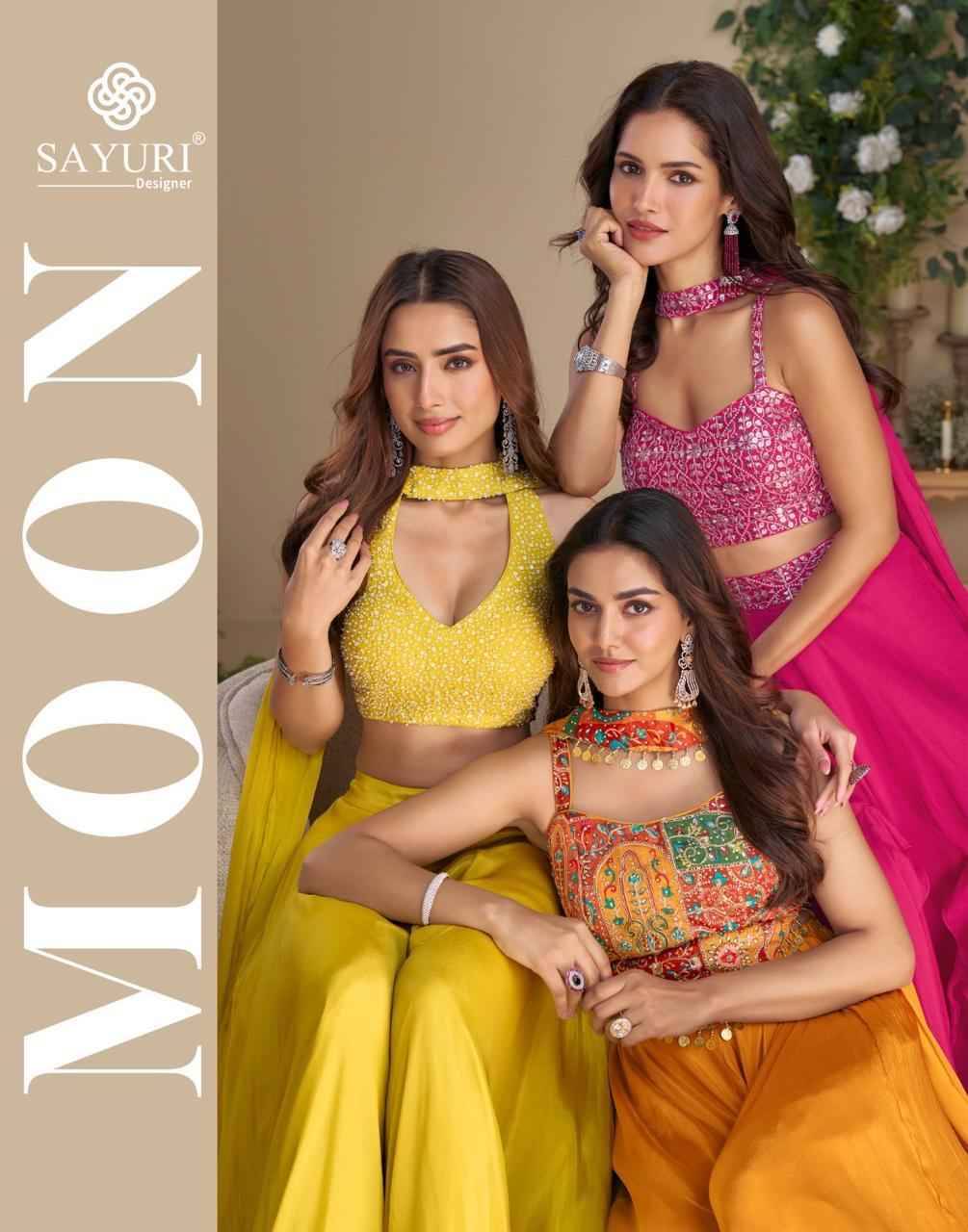 Moon By Sayuri 10045 To 10049 Series Designer Beautiful Festive Collection Occasional Wear & Party Wear Chinnon Silk/Georgette Crop Top With Bottom And Dupatta At Wholesale Price