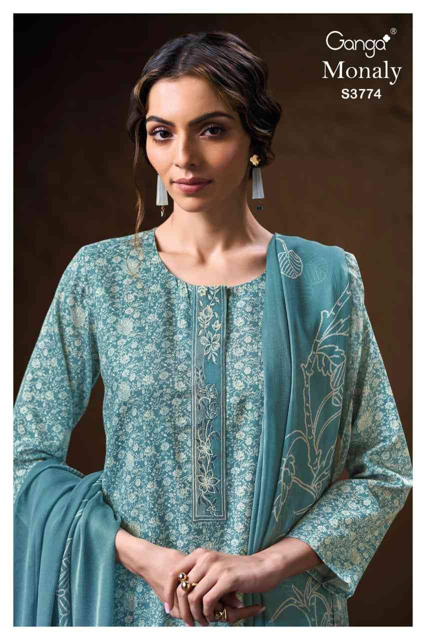 Monaly-3774 By Ganga Fashion 3774-A To 3774-D Series Beautiful Festive Suits Colorful Stylish Fancy Casual Wear & Ethnic Wear Pure Cotton Satin Dresses At Wholesale Price