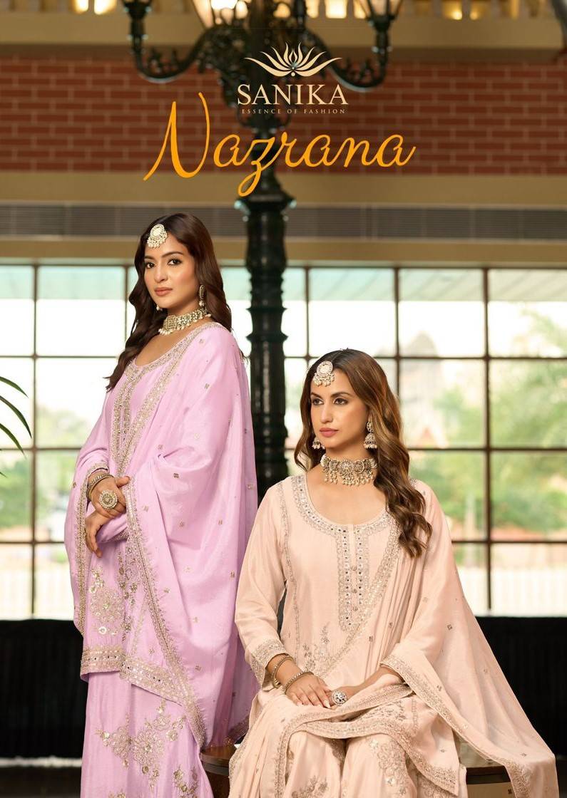 Nazrana By Sanika 10001 To 10003 Series Designer Sharara Suits Collection Beautiful Stylish Fancy Colorful Party Wear & Occasional Wear Chinnon Silk Dresses At Wholesale Price