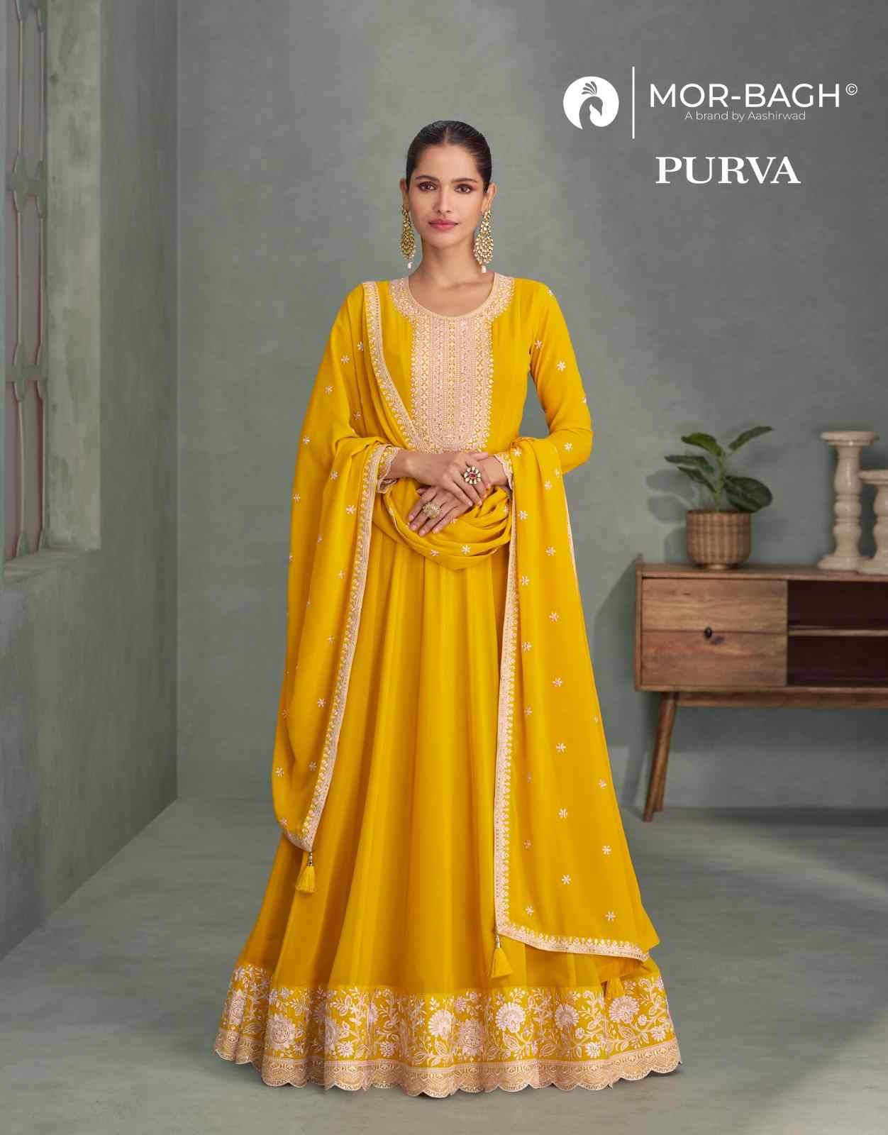 Purva By Mor-Bagh 10273 To 10276 Series Designer Beautiful Collection Occasional Wear & Party Wear Georgette Gowns With Dupatta At Wholesale Price