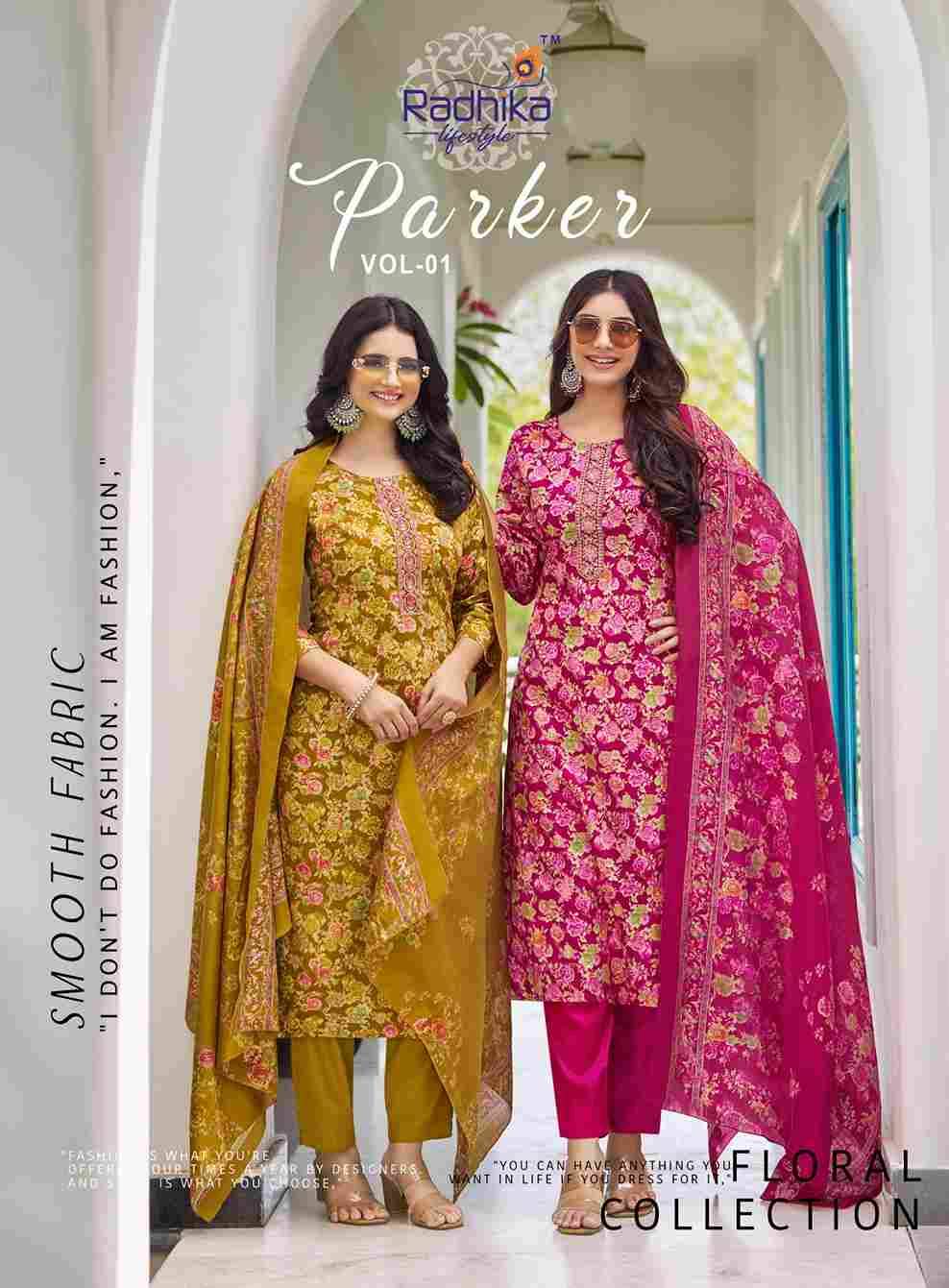 Parker Vol-1 By Radhika Lifestyle 1001 To 1006 Series Beautiful Festive Suits Colorful Stylish Fancy Casual Wear & Ethnic Wear Jam Satin With Work Dresses At Wholesale Price