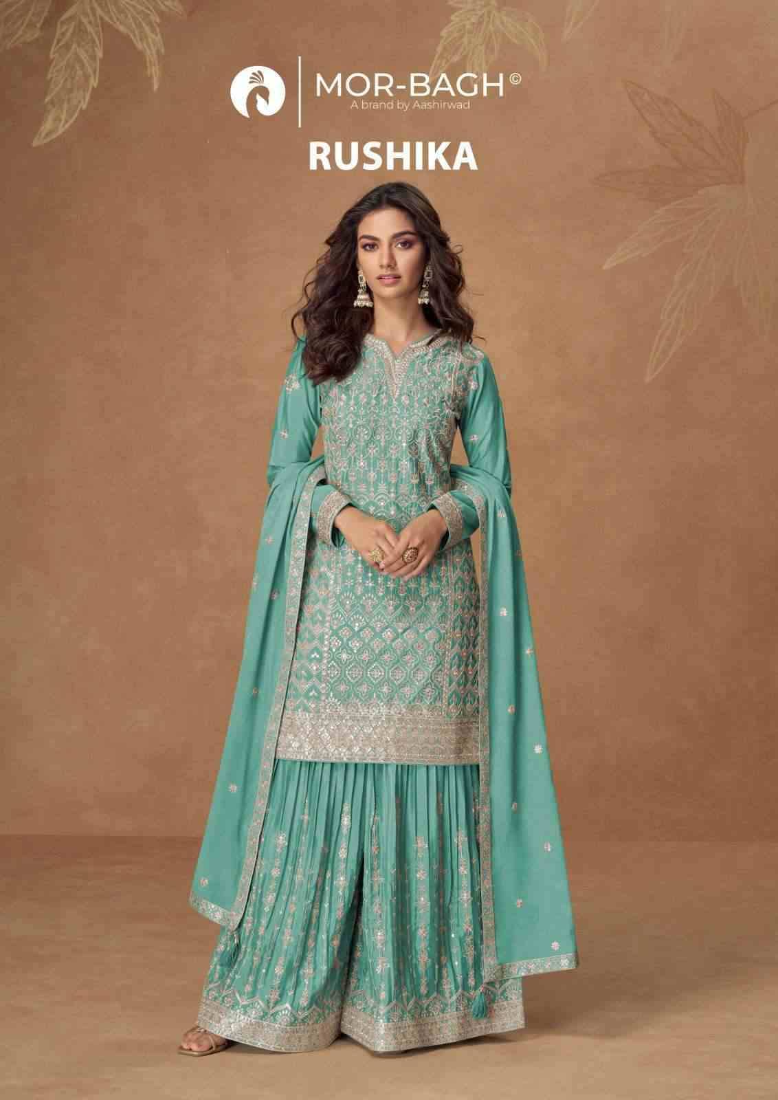 Rushika By Mor-Bagh 10309 To 10312 Series Beautiful Sharara Suits Colorful Stylish Fancy Casual Wear & Ethnic Wear Chinnon Silk Embroidery Dresses At Wholesale Price