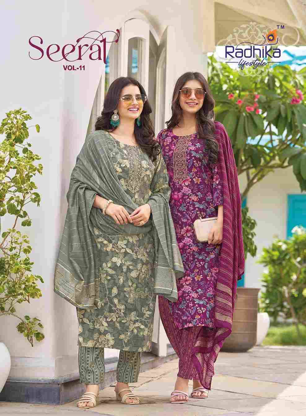 Seerat Vol-11 By Radhika Lifestyle 11001 To 11008 Series Designer Stylish Fancy Colorful Beautiful Party Wear & Ethnic Wear Collection Rayon Foil Print Dresses At Wholesale Price