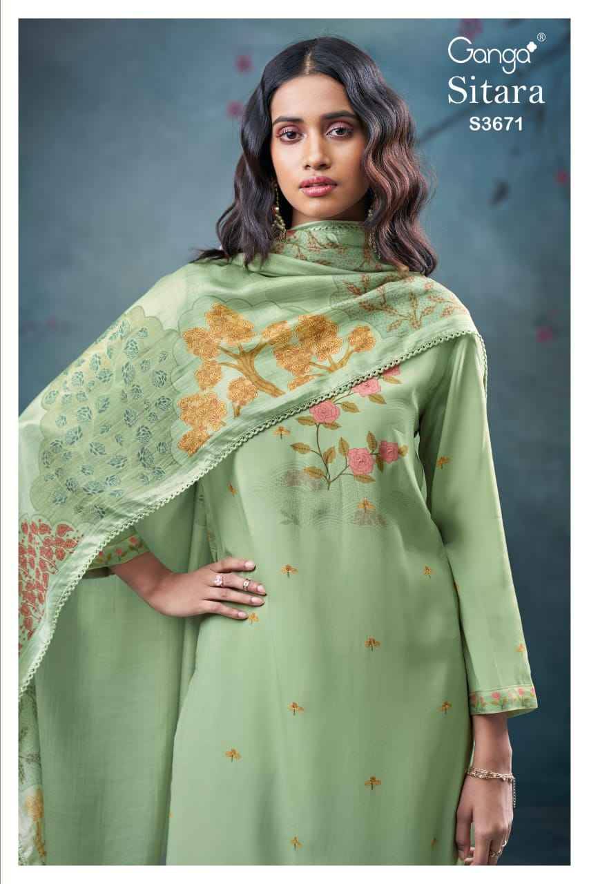 Sitara-3671 By Ganga Fashion 3671-A To 3671-D Series Beautiful Festive Suits Colorful Stylish Fancy Casual Wear & Ethnic Wear Pure Viscose Muslin Silk Dresses At Wholesale Price