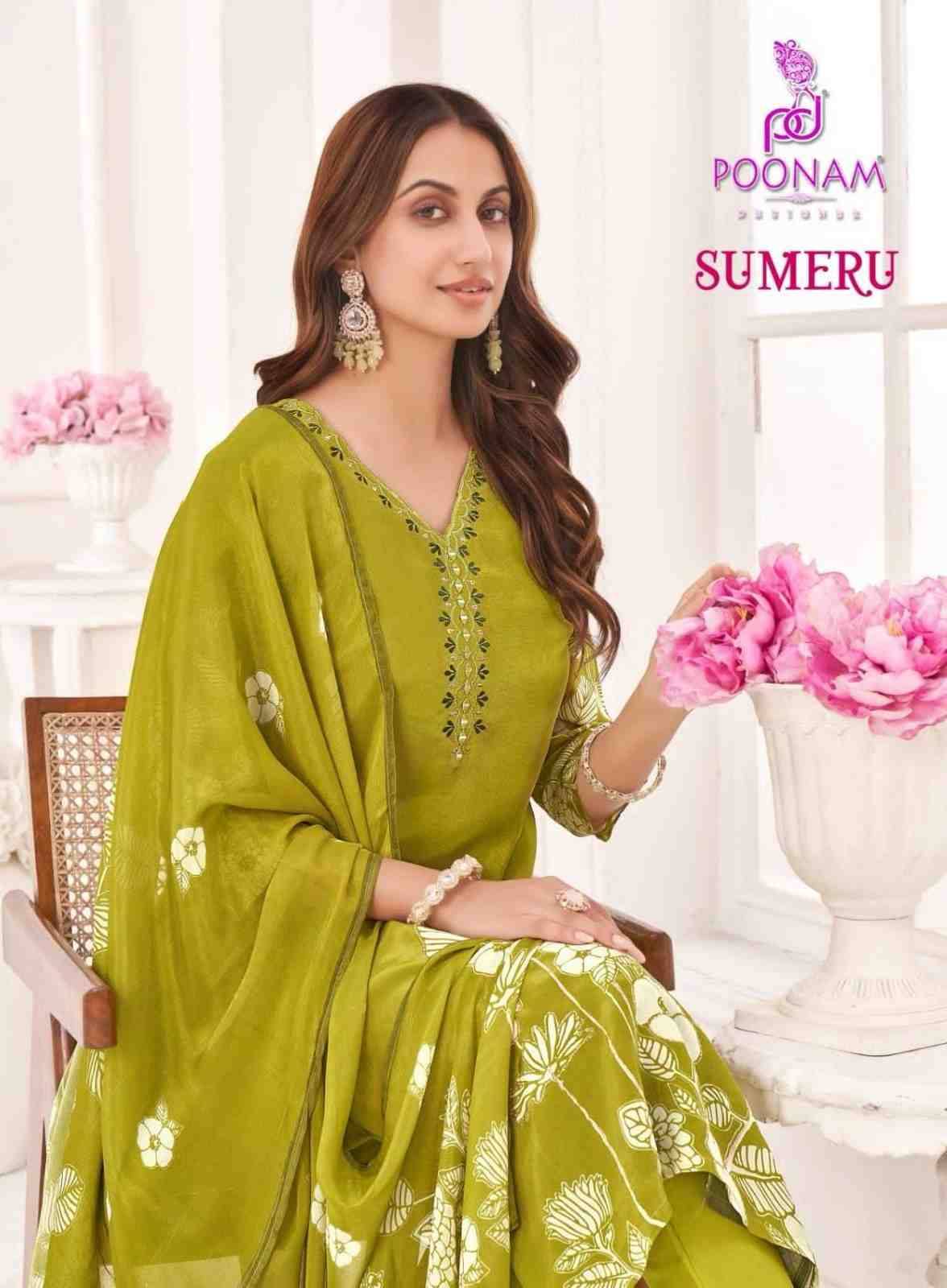 Sumeru By Poonam Designer 1001 To 1004 Series Suits Beautiful Fancy Colorful Stylish Party Wear & Occasional Wear Pure Natural Crepe Dresses At Wholesale Price