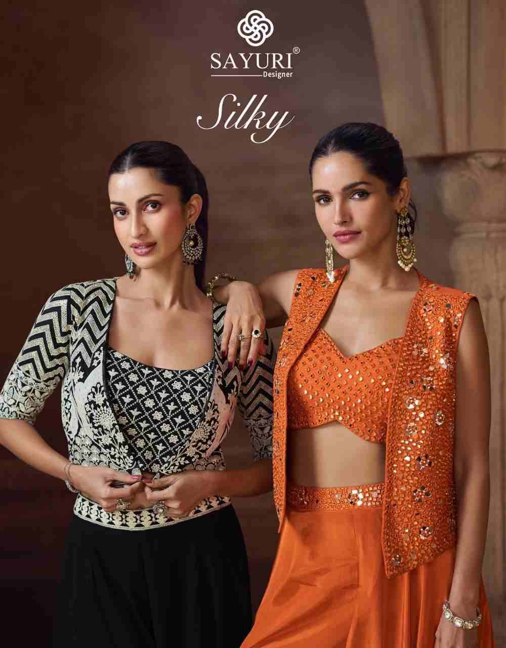Silky By Sayuri 5828 To 5830 Series Designer Beautiful Festive Collection Occasional Wear & Party Wear Pure Chinnon Silk Crop Top With Bottom And Jacket At Wholesale Price