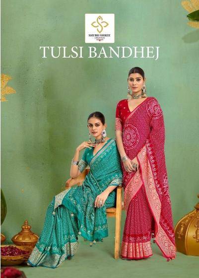 Tulsi Bandhej By Shubh Saree 1001 To 1006 Series Indian Traditional Wear Collection Beautiful Stylish Fancy Colorful Party Wear & Occasional Wear Velvet Tussar Silk Sarees At Wholesale Price