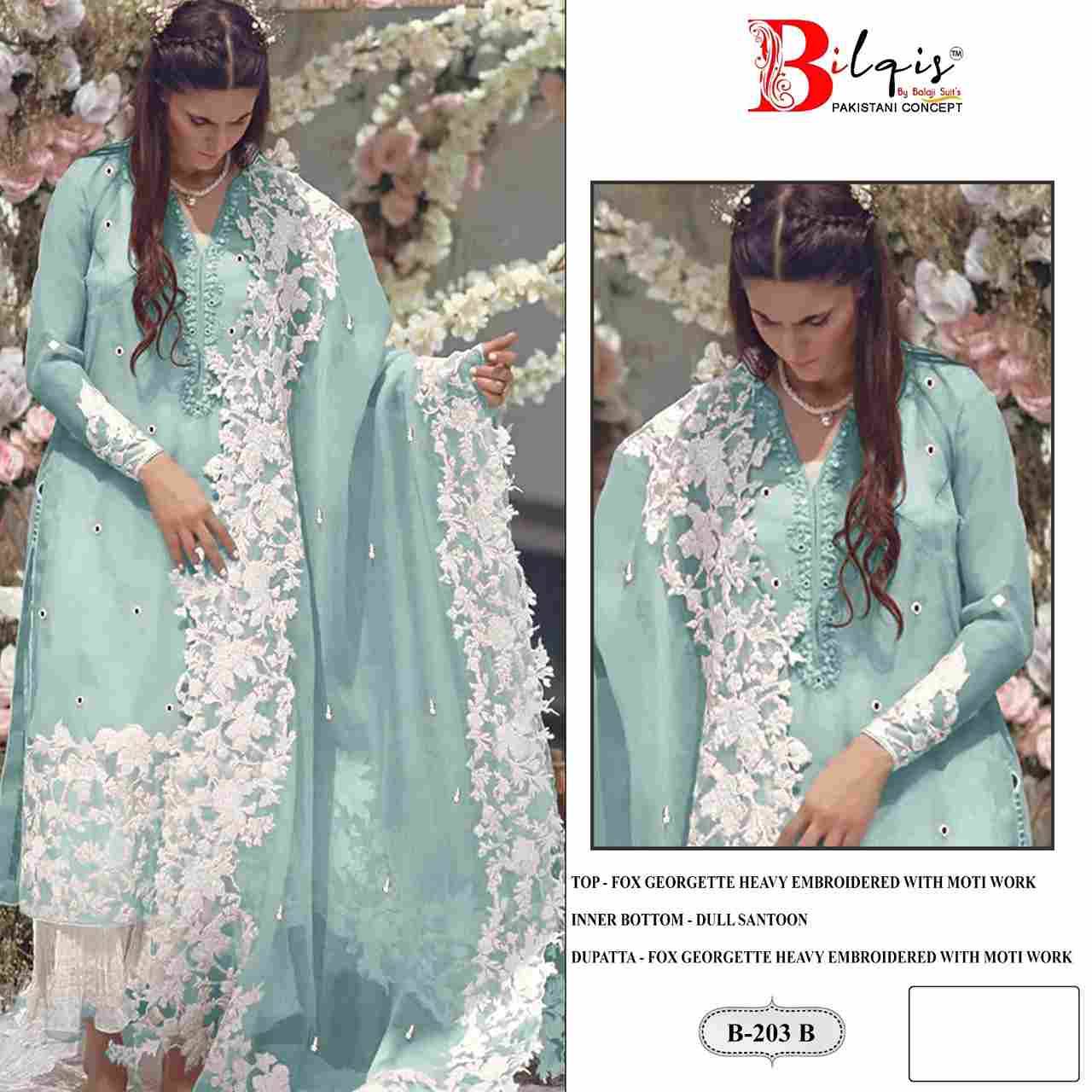 Bilqis 203 Colours By Bilqis 203-A To 203-D Series Beautiful Pakistani Suits Stylish Fancy Colorful Party Wear & Occasional Wear Faux Georgette Embroidery Dresses At Wholesale Price