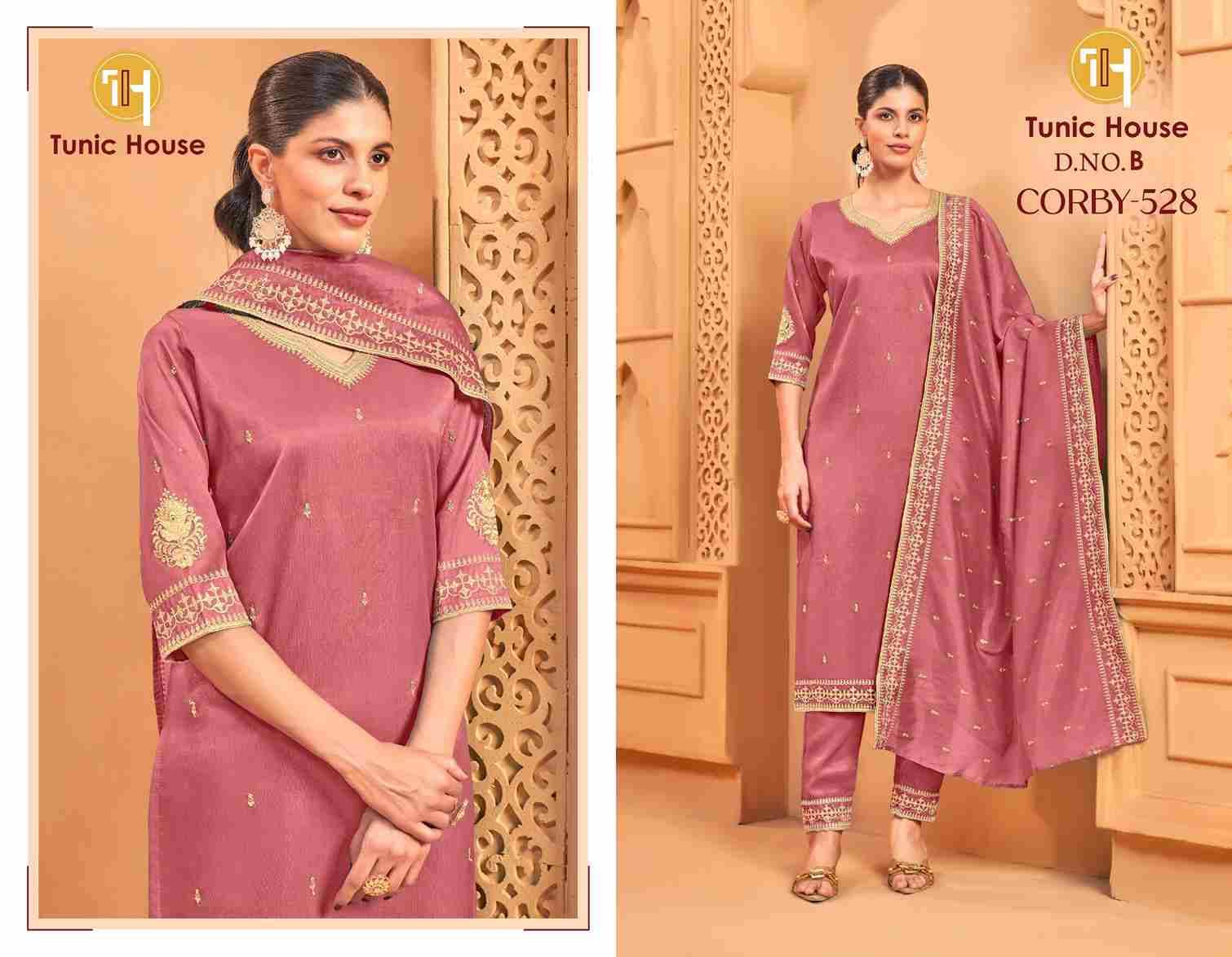 Corby-528 By Tunic House Combo Set 528-A To 528-F Series Beautiful Festive Suits Colorful Stylish Fancy Casual Wear & Ethnic Wear Roman Shimmer Dresses At Wholesale Price