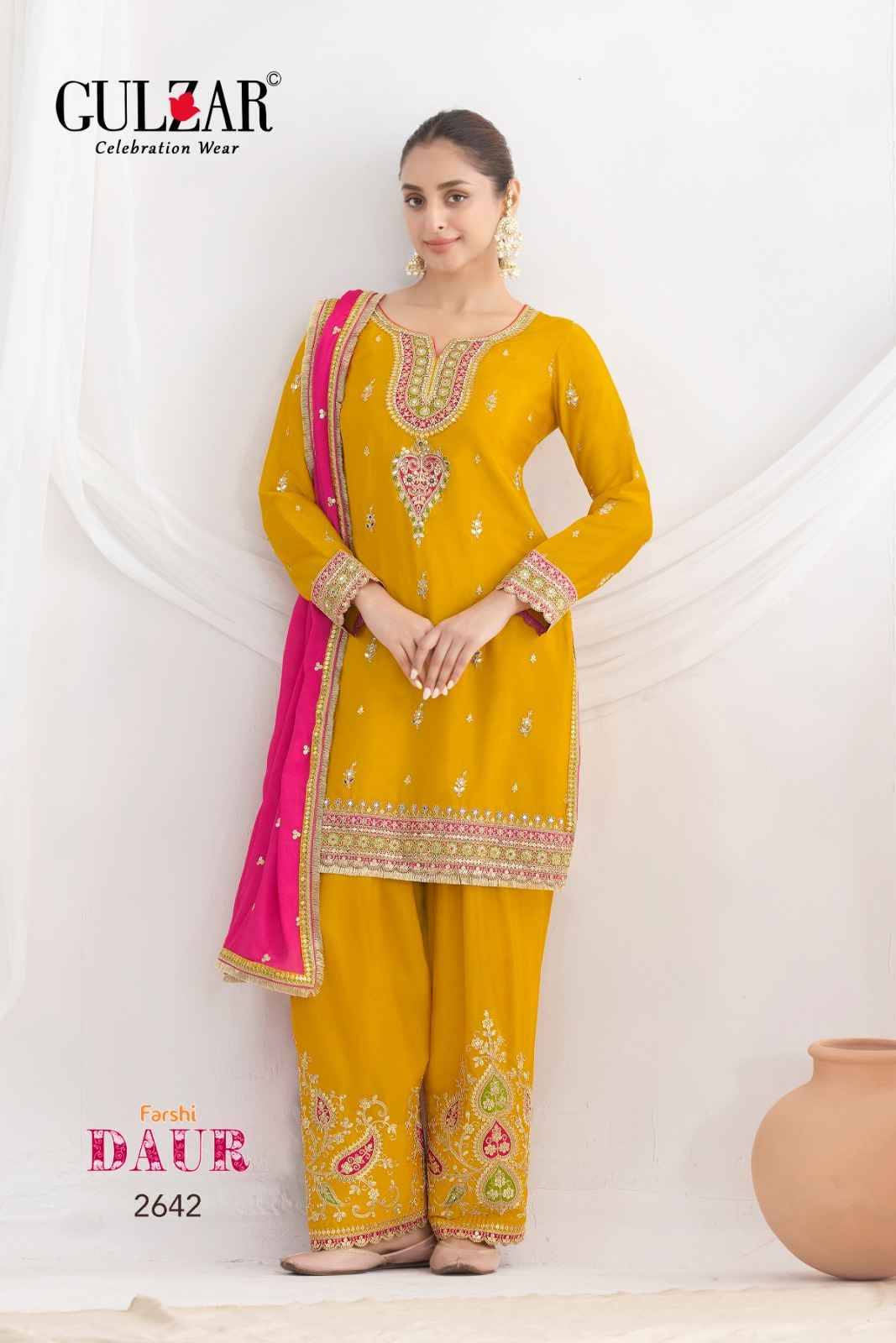 Daur By Gulzar 2641 To 2644 Series Beautiful Sharara Suits Colorful Stylish Fancy Casual Wear & Ethnic Wear Chinnon Dresses At Wholesale Price
