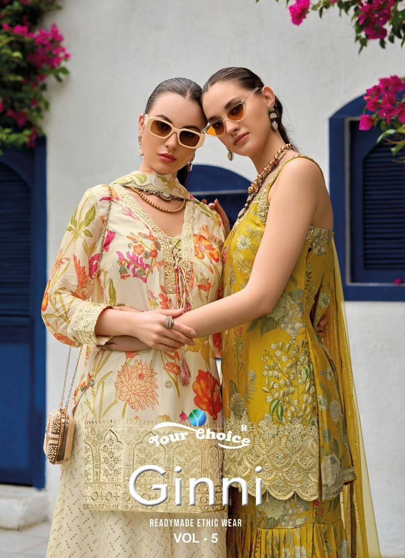 Ginni Vol-5 By Your Choice 5001 To 5004 Series Designer Sharara Suits Beautiful Fancy Colorful Stylish Party Wear & Occasional Wear Heavy Chinnon Dresses At Wholesale Price