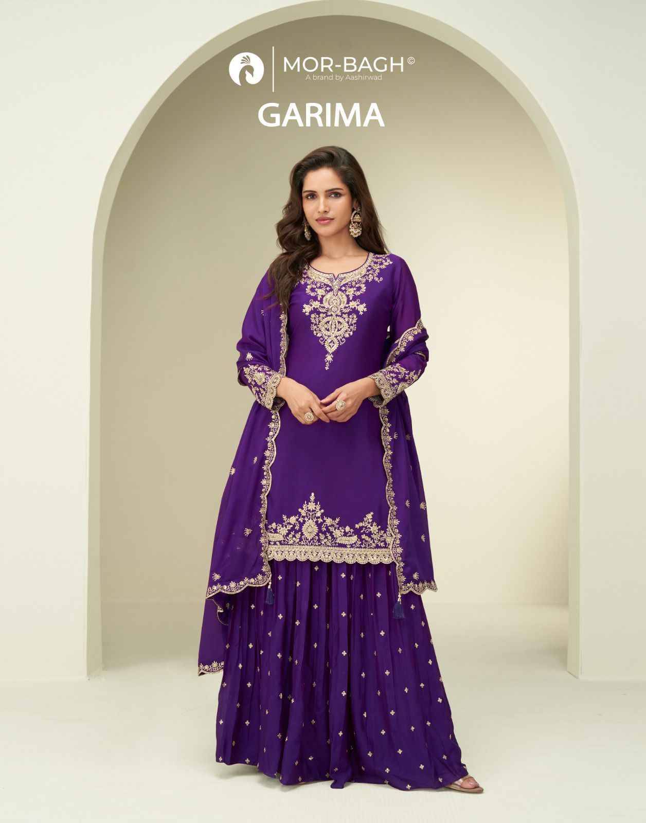 Garima By Mor-Bagh 10368 To 10370 Series Beautiful Stylish Sharara Suits Fancy Colorful Casual Wear & Ethnic Wear & Ready To Wear Premium Chinnon Silk Dresses At Wholesale Price