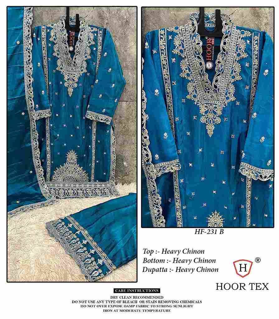 Hoor Tex Hit Design HF-231 Colours By Hoor Tex HF-231-A To HF-231-C Series Designer Festive Pakistani Suits Collection Beautiful Stylish Fancy Colorful Party Wear & Occasional Wear Heavy Chinnon Dresses At Wholesale Price