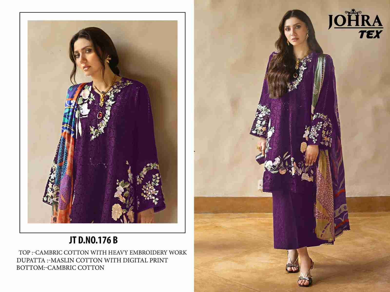 Johra Hit Design 176-B By Johra Tex Beautiful Pakistani Suits Colorful Stylish Fancy Casual Wear & Ethnic Wear Cambric Cotton Embroidered Dresses At Wholesale Price