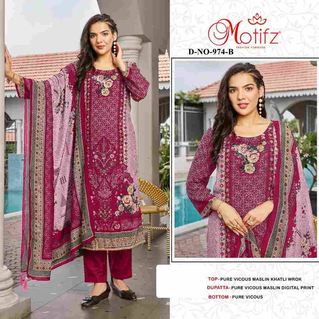 Motifz Hit Design 974 Colours By Motifz 974-A To 974-D Series Beautiful Pakistani Suits Colorful Stylish Fancy Casual Wear & Ethnic Wear Viscose Muslin Dresses At Wholesale Price