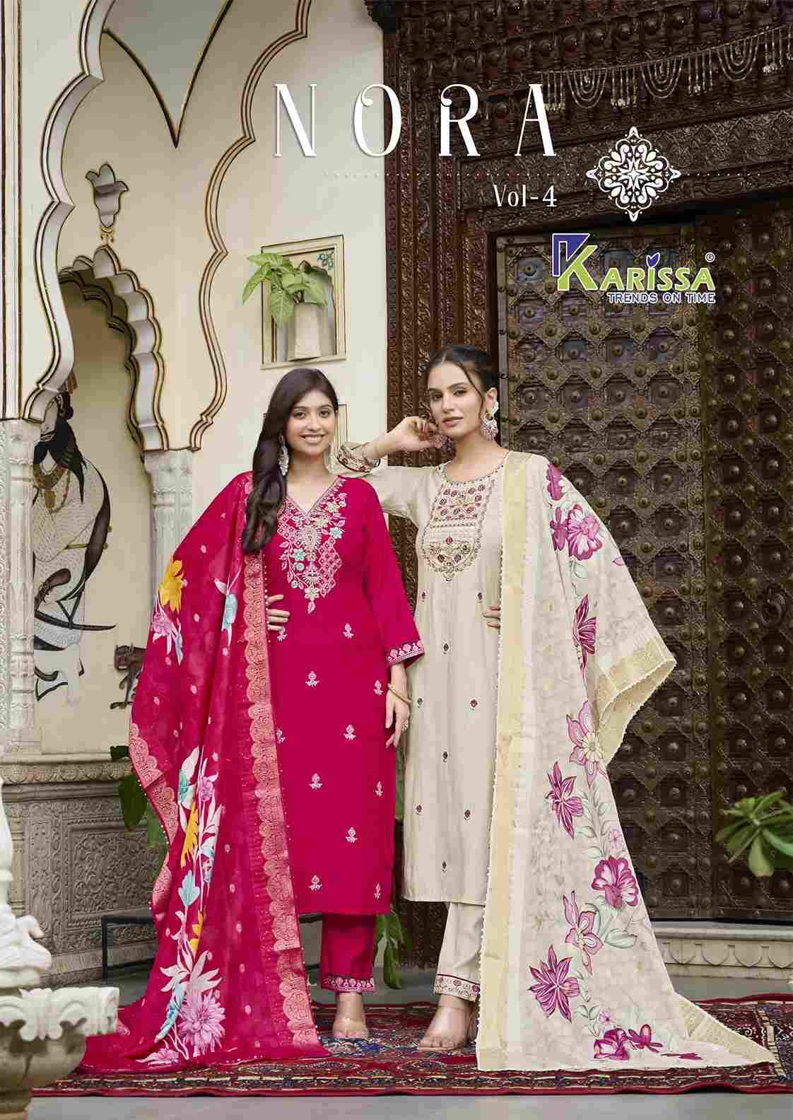 Nora Vol-4 By Karissa 4001 To 4006 Series Beautiful Stylish Festive Suits Fancy Colorful Casual Wear & Ethnic Wear & Ready To Wear Pure Viscose Dresses At Wholesale Price